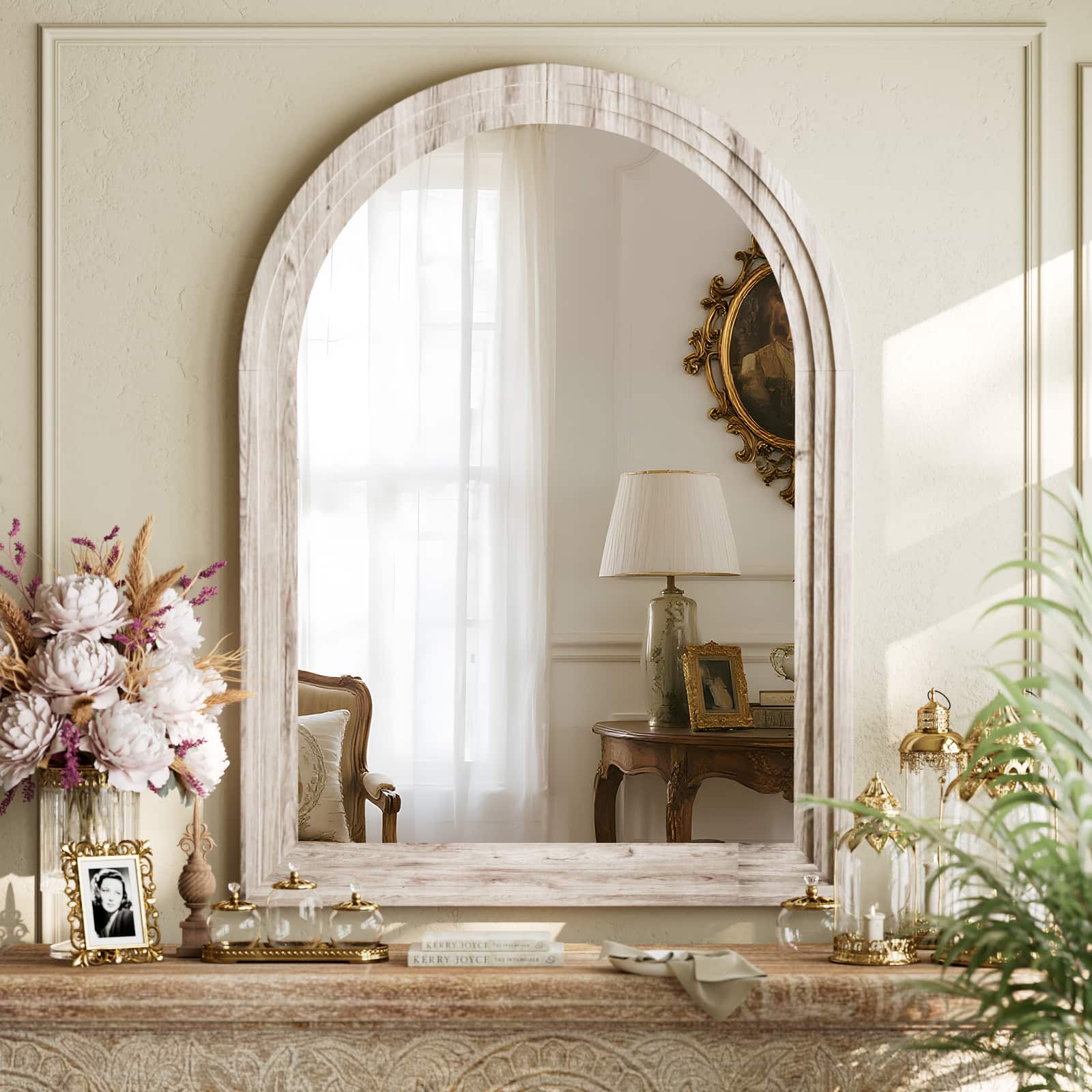 Easly - Antique 30 in. W x 40 in. H Arched Wood Frame Vanity Wall Mirror - White