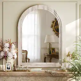 Easly - Antique 30 in. W x 40 in. H Arched Wood Frame Vanity Wall Mirror - White