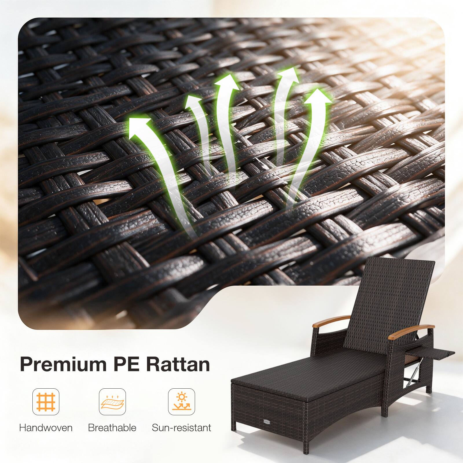Premium PE Rattan

- Handwoven
- Breathable
- Sun-resistant
