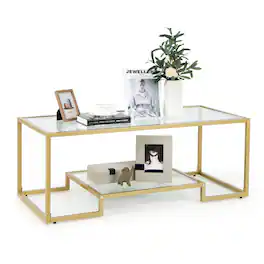 Costway - 45" Coffee Table Rectangular Tempered Glass Accent Table W/ Shelf Living Room - Gold