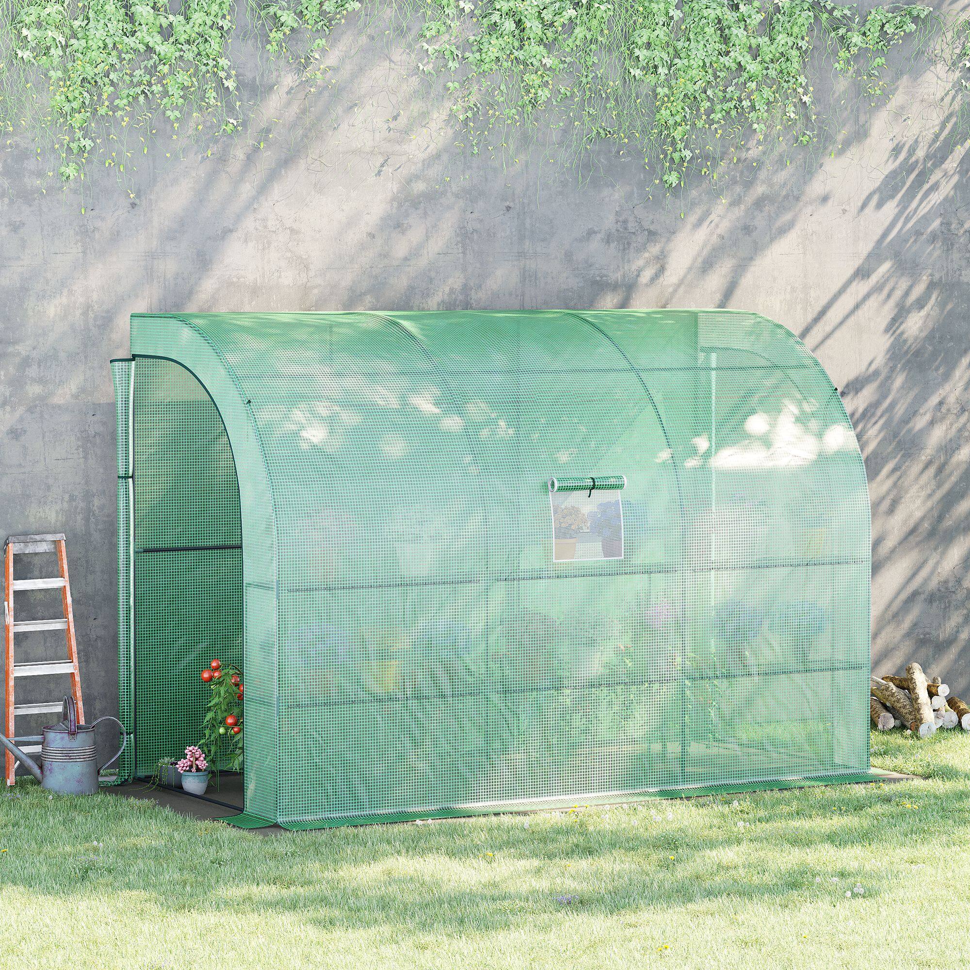 Alt View 1. Outsunny - 10' x 5' x 7' Lean to Greenhouse, Walk-In Green House, Plant Nursery with 2 Roll-up Doors and Windows.