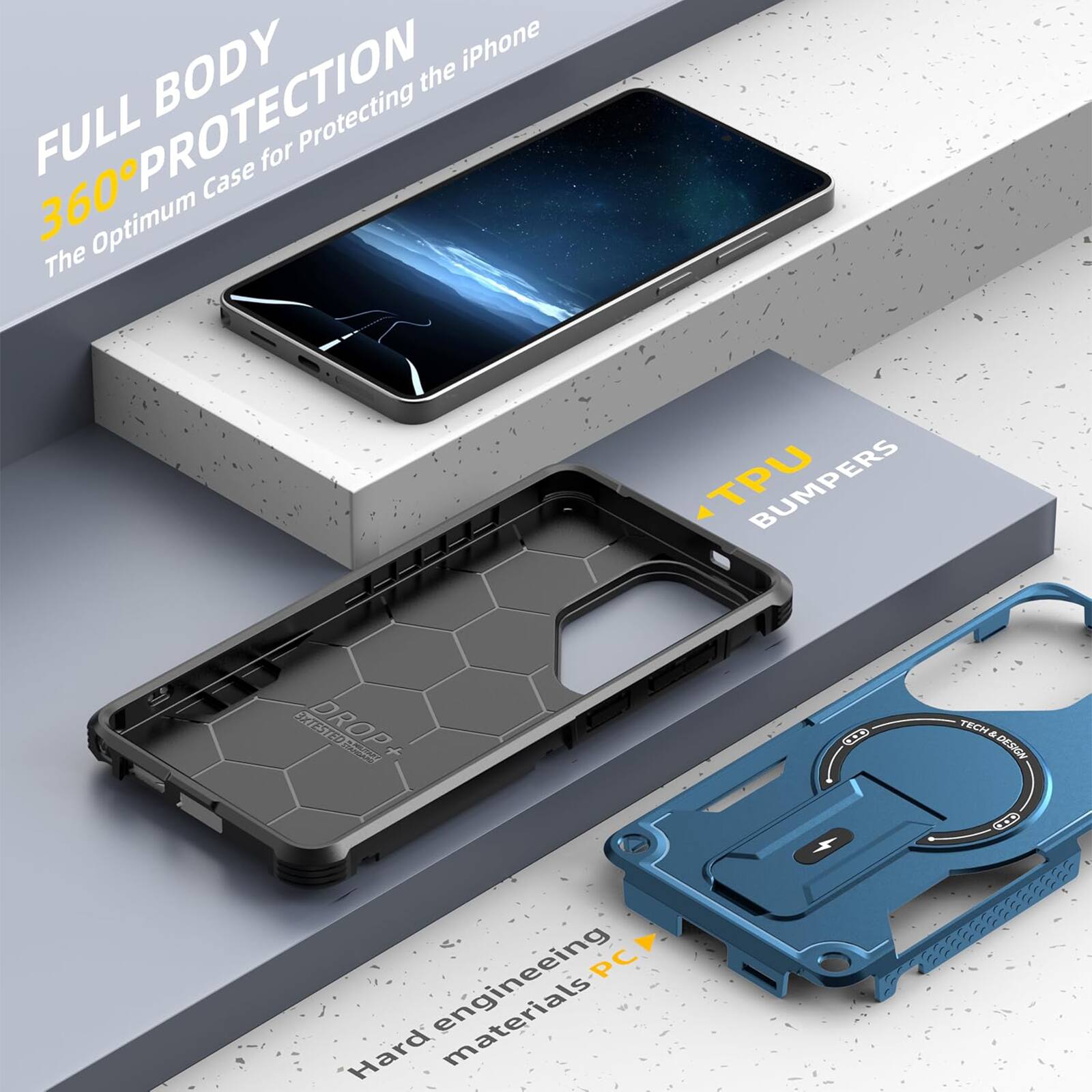 FULL BODY 360° PROTECTION  
The Optimum Case for Protecting the iPhone  

TPU BUMPERS  

Hard engineering materials PC