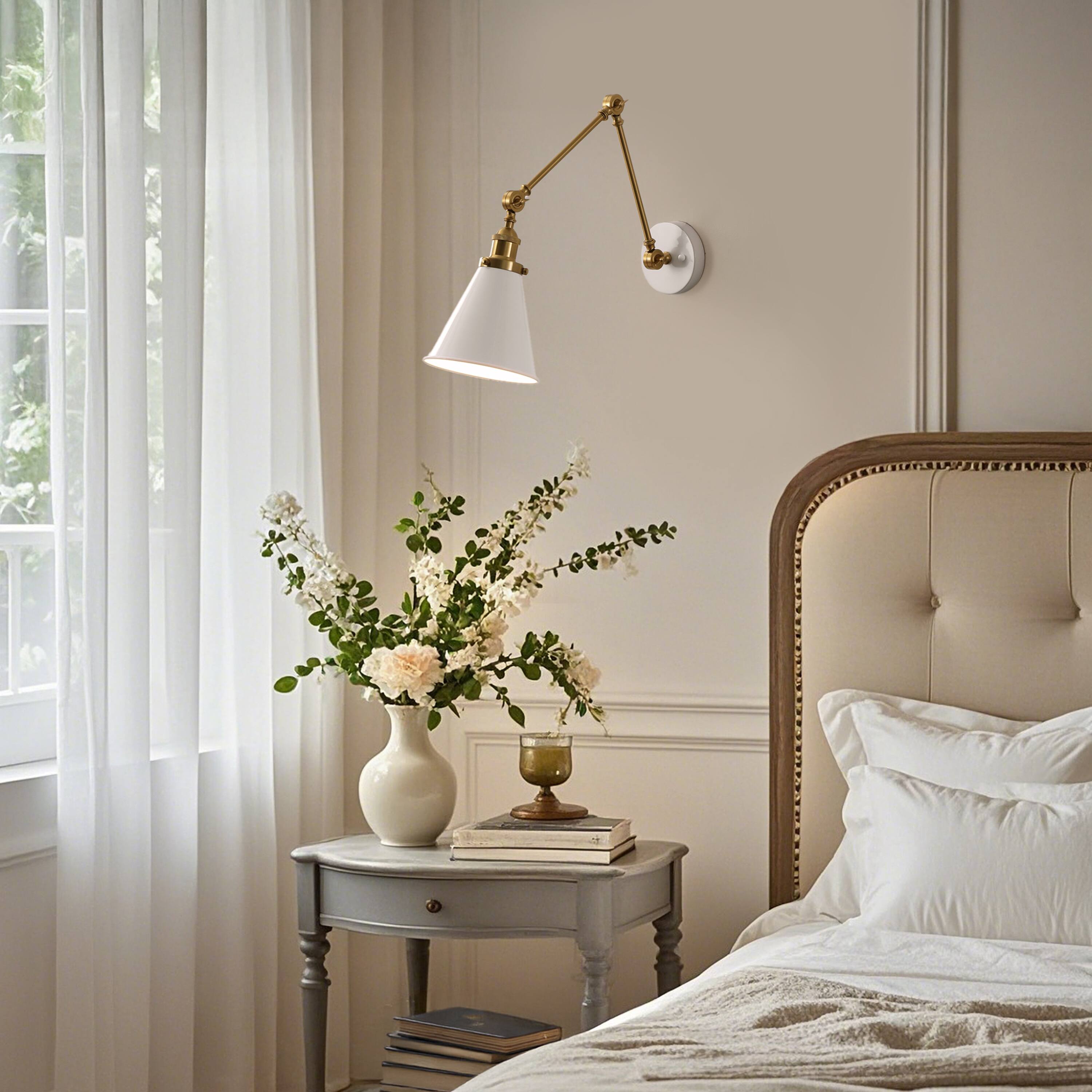 Alt View 6. Jonathan Y - Rover 7" Classic Industrial Metal Adjustable Arm LED Wall Sconce, White/Brass Gold - White/Brass Gold.