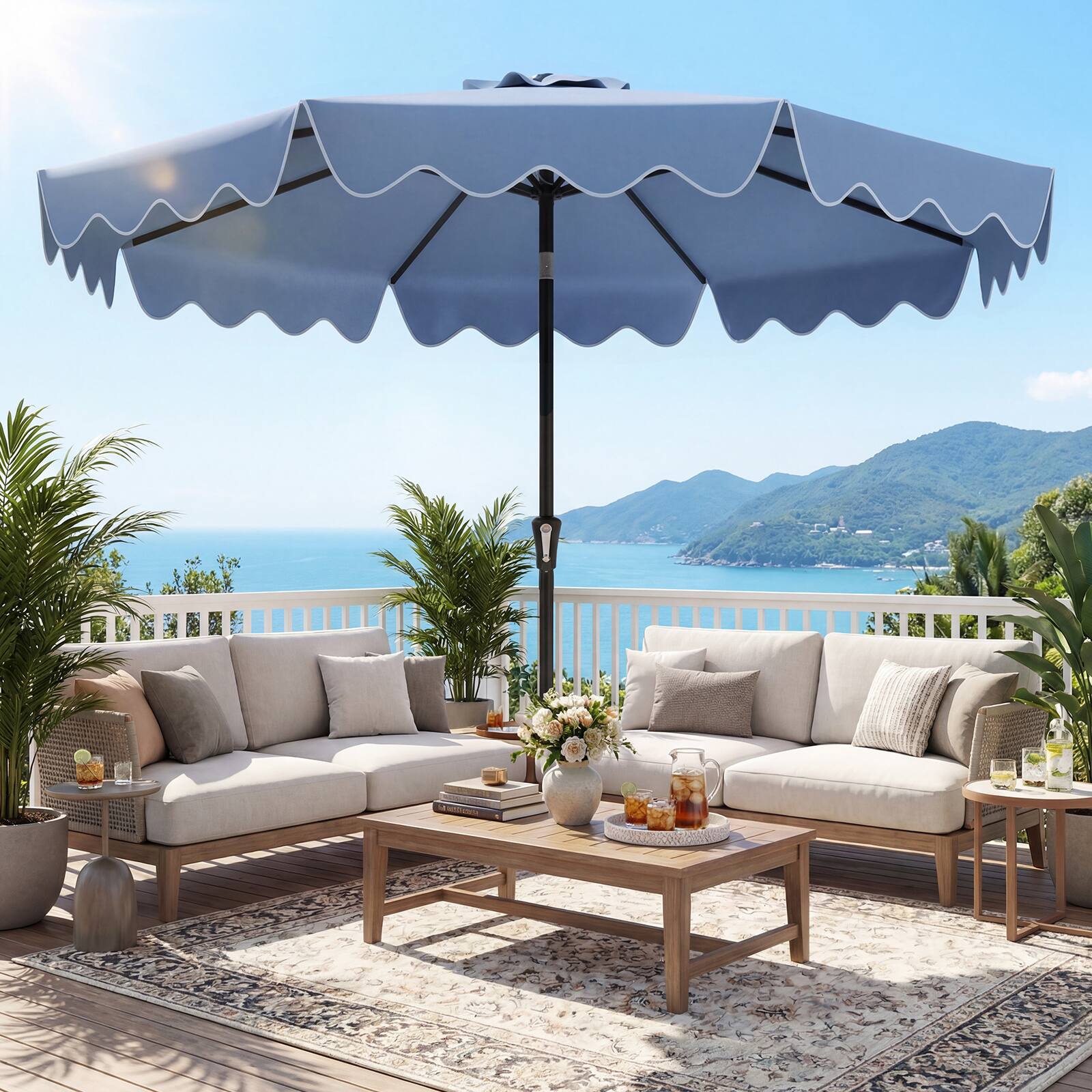 Alt View 3. Costway - Costway 9 FT Patio Umbrella with Weighted Base Sandbags Push Button Tilt Crank Sturdy Ribs - Blue.
