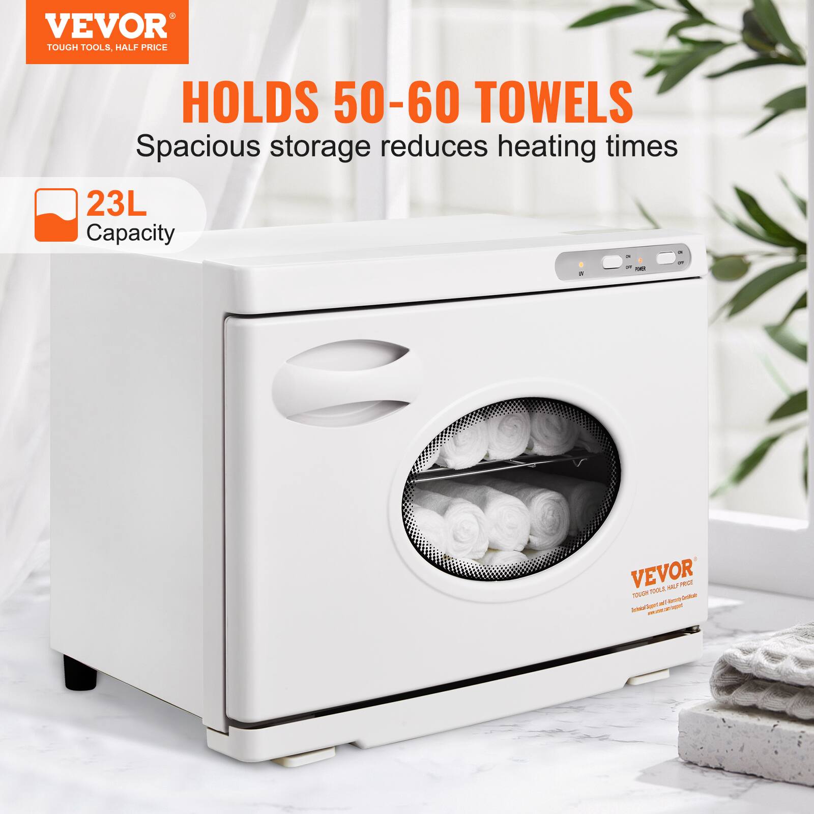 VEVOR  
TOUGH TOOLS, HALF PRICE  

HOLDS 50-60 TOWELS  
Spacious storage reduces heating times  

23L Capacity