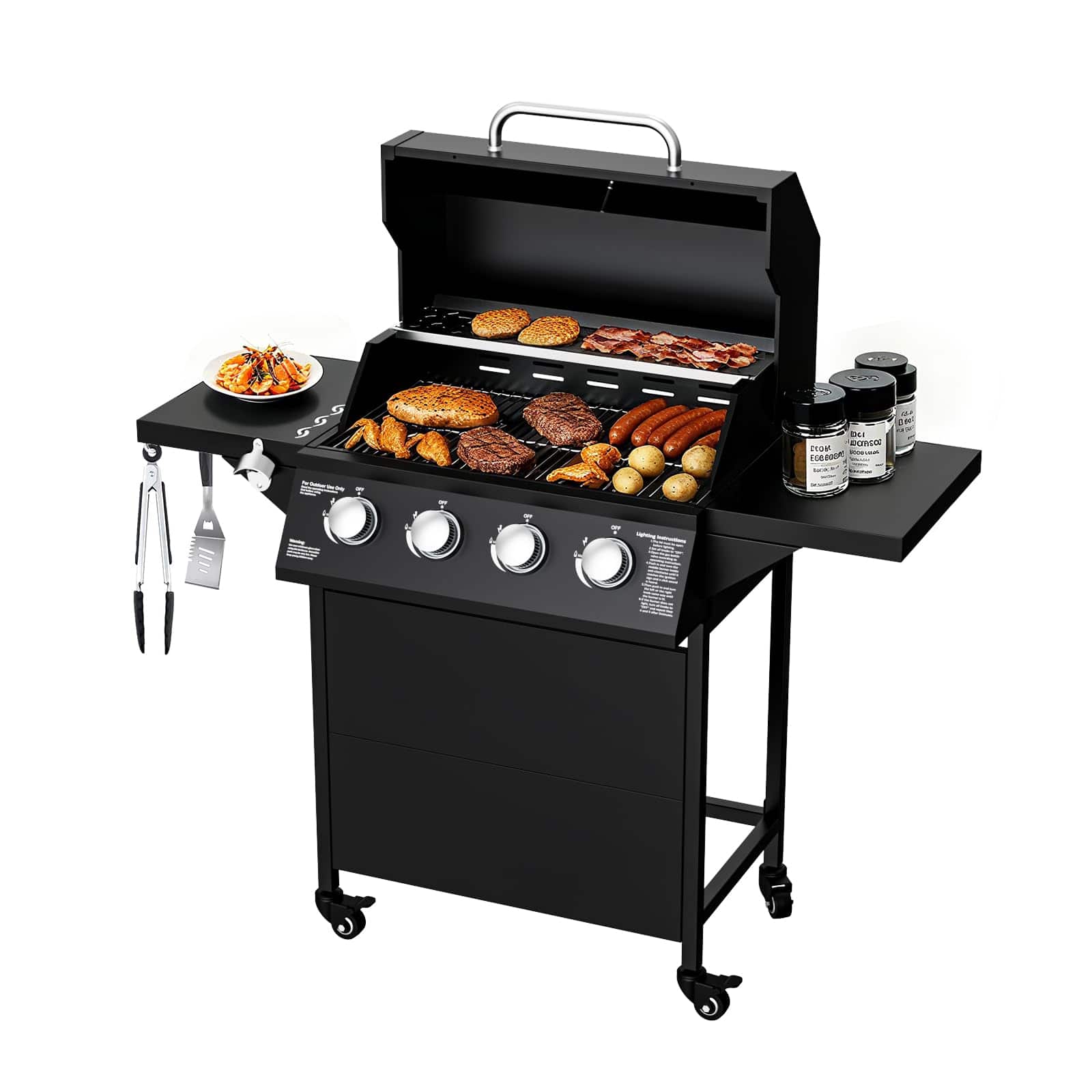 GlowWise - 4-Burner 40,000 BTU Propane BBQ Grill, Stainless Steel with Side Tables & Wheels for Outdoor, Backyard, Camping (Black) - Blank