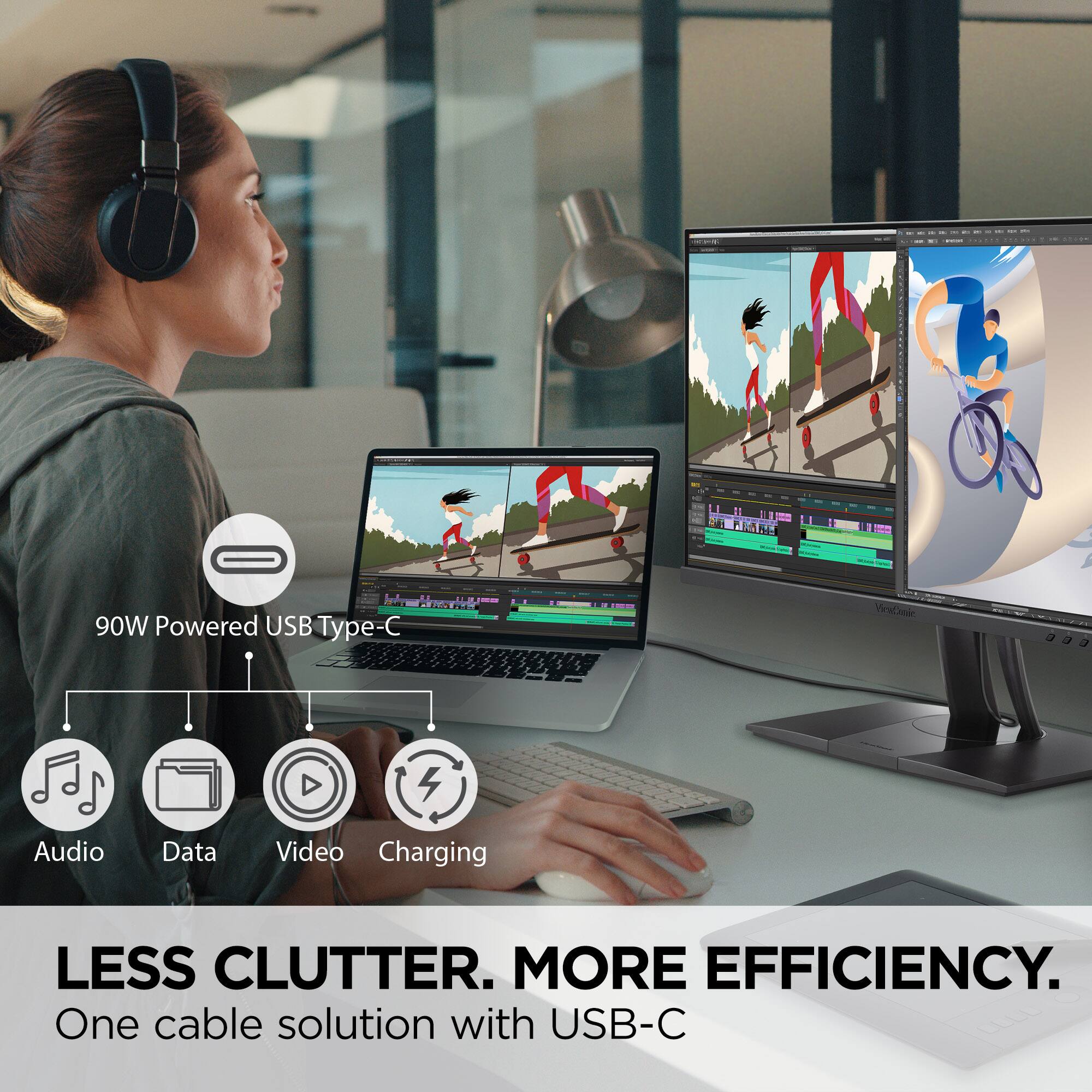 Less Clutter. More Efficiency. One Cable Solution with USB-C. 1 90W Powered USB Type-C. Audio, Data, Video Charging.