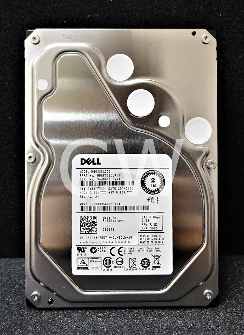 2005 G DELL MODEL MG03SCA200  
SER. PART No. HDEPC02DLA51 34J0A080FVM4  
ENTERRAIND 2 CLASS II TB  
OfE Code: TFSO  
DATE 20140320  
DELL +12V 0.85A +5V 0.60A  
CERTIFIED BY REV. No. A1  
SAS WWN: 5000039568D80174  
Made in Philippines  
2 TB RPM 1.2K  
DP/N 0829T8  
F/W DG02  
WARRANTY VOID IF LABEL/SCREW IS REMOVED OR BROKEN  
PH-0829T8-75571-43J-30UM-A01  
LABEL/SCREW  
Manufactured by Toshiba Corporation  
Towblba Eleutronion Europe S LR Z218  
Mannuiais 1E1 40549 Dunseldurt. Jarmana E145163  
SA
