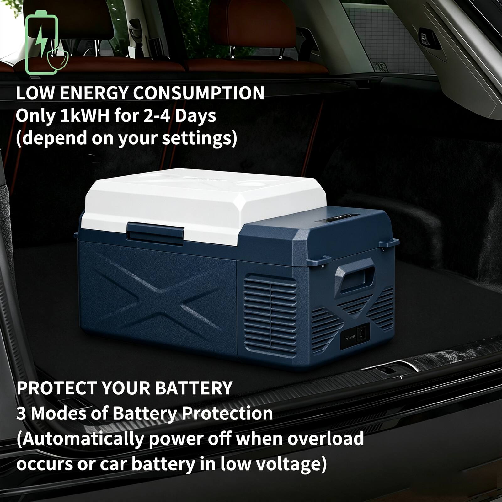 LOW ENERGY CONSUMPTION  
Only 1kWh for 2-4 Days (depend on your settings)  

PROTECT YOUR BATTERY  
3 Modes of Battery Protection (Automatically power off when overload occurs or car battery in low voltage)