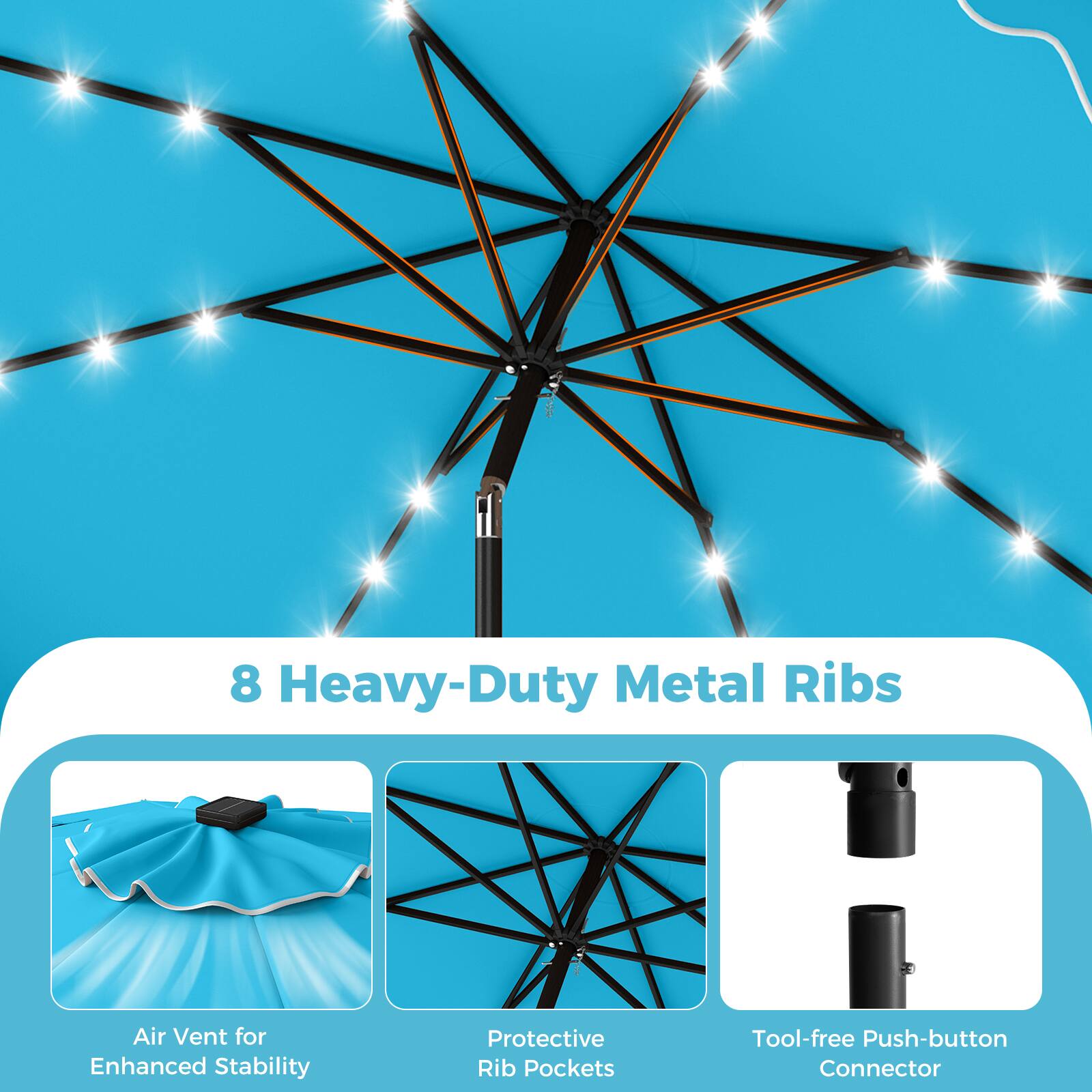 8 Heavy-Duty Metal Ribs  
Air Vent for Enhanced Stability  
Protective Rib Pockets  
Tool-free Push-button Connector
