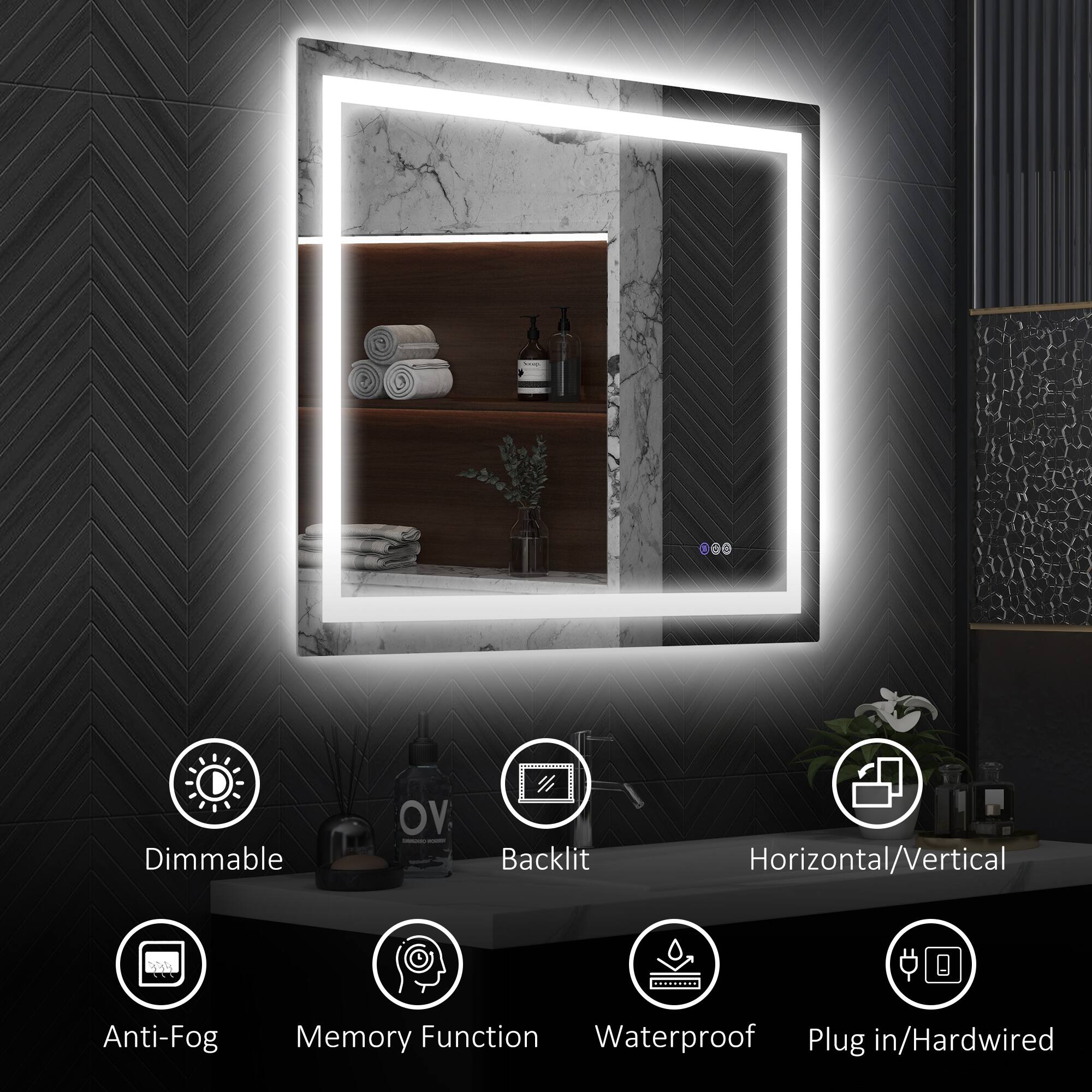 1. Dimmable
2. Backlit
3. Horizontal/Vertical
4. Anti-Fog
5. Memory Function
6. Waterproof
7. Plug in/Hardwired