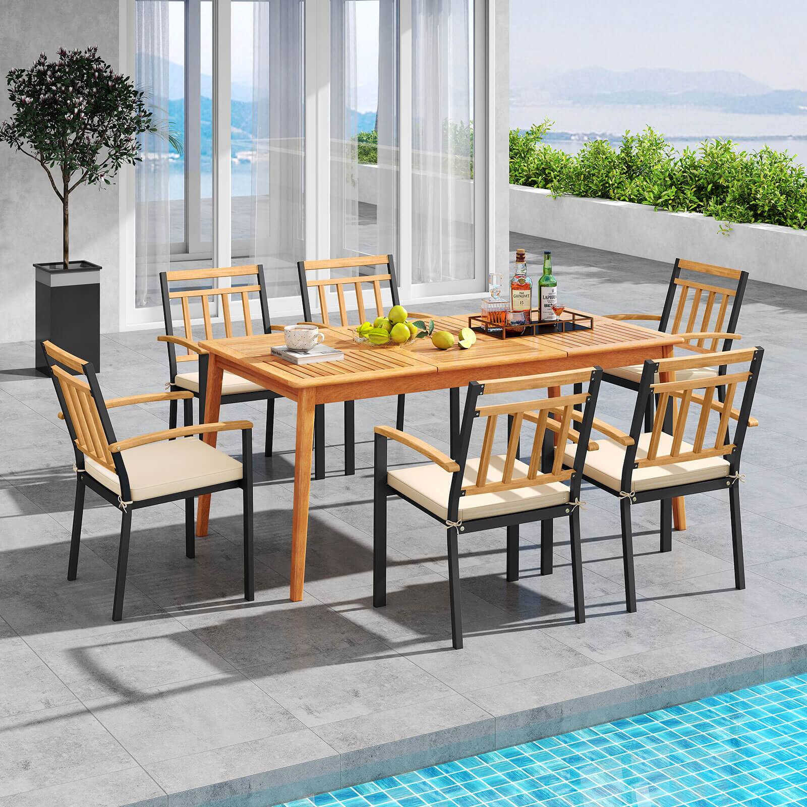 Alt View 3. Costway - Costway 7 PCS Patio Acacia Wood Dining Set with Soft Seat Cushions Umbrella Hole Outdoor - Natural,Black.