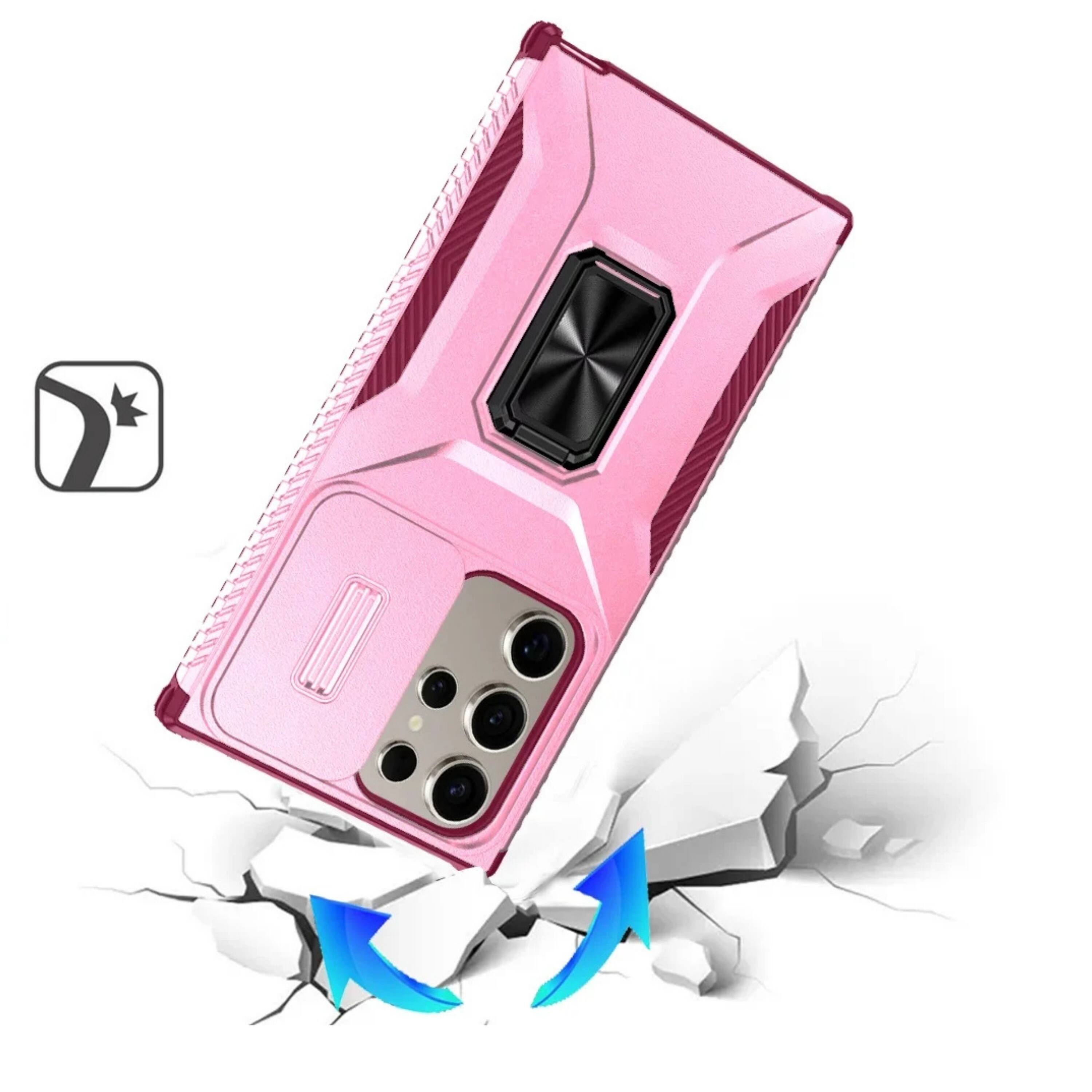 Angle. Kitcheniva - Heavy Duty Magnetic Ring Stand Protective Phone Case With Tempered Glass For Samsung S25 Ultra Pink - Pink.