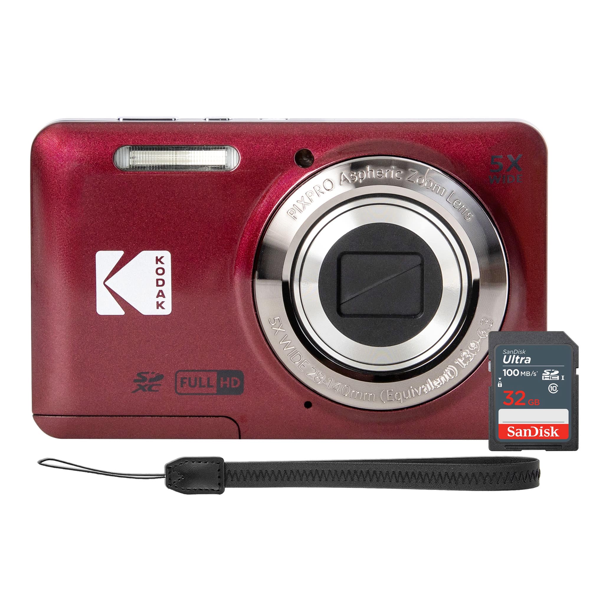 Kodak - PIXPRO FZ55 16MP Digital Camera, SanDisk 32GB SDHC Ultra 100MB/s - Red