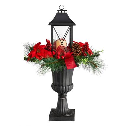 Front. BreeBe - 33” Christmas Lantern with Poinsettia and Berries in Urn - Red.