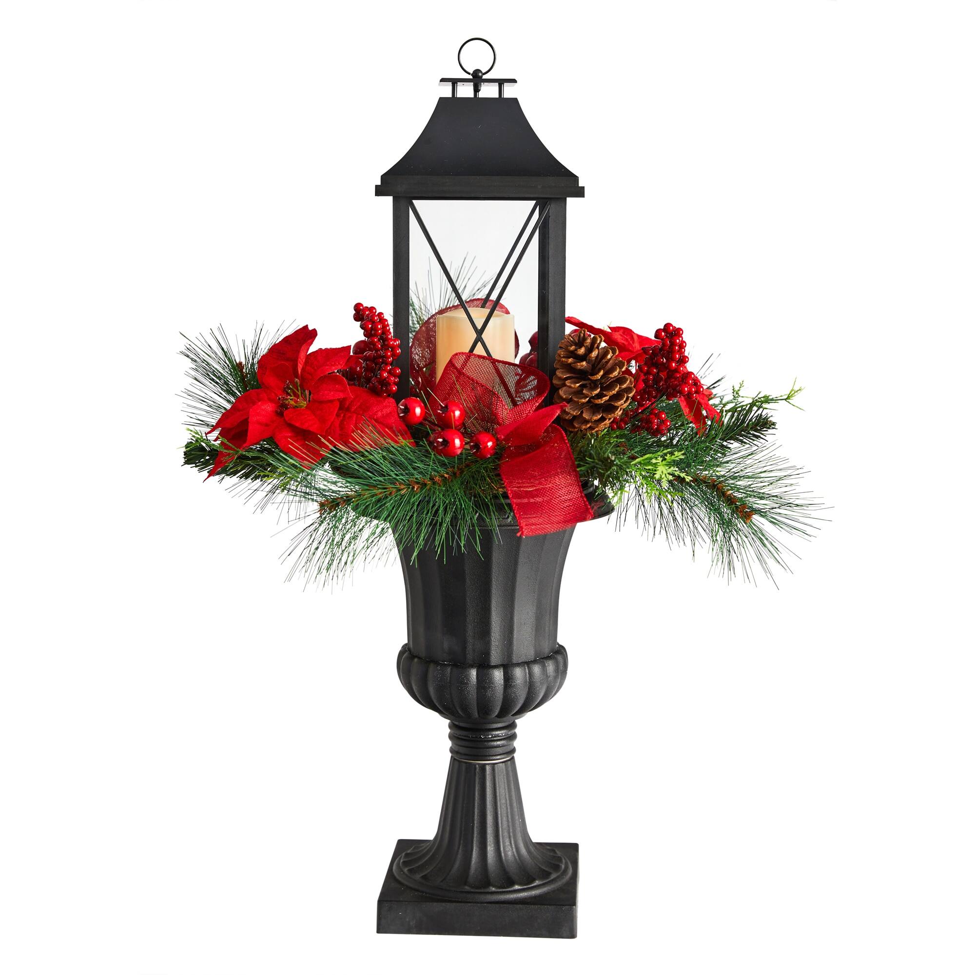 Front. BreeBe - 33” Christmas Lantern with Poinsettia and Berries in Urn - Red.