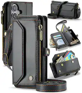Dteck - Crossbody Wallet Case for Apple iPhone 16 with Card Slots and Zipper Pocket, Shockproof RFID Blocking PU Leather Cover - Black