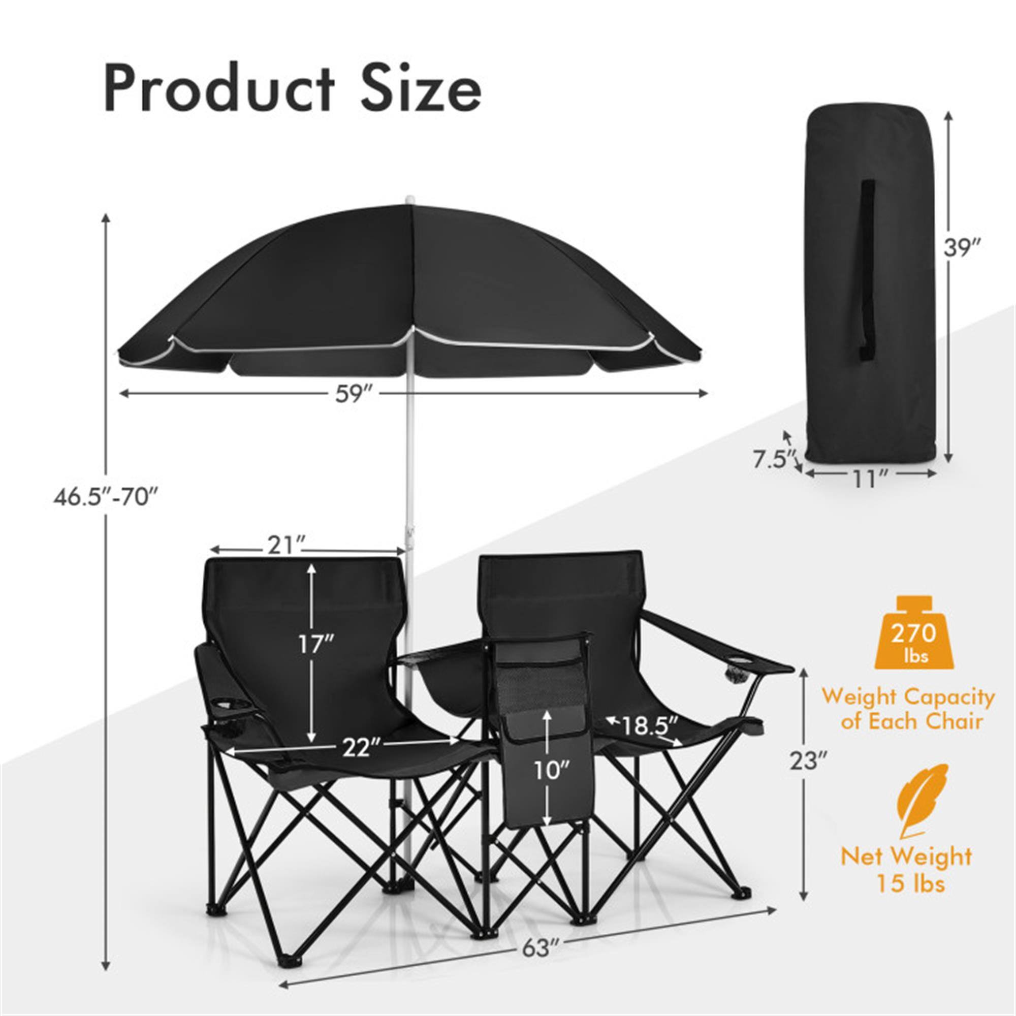 Product Size  
- 39"  
- 59"  
- 46.5"-70"  
- 7.5"  
- 11"  
- 21"  
- 17"  
- 270 lbs  
- 22"  
- 10"  
- 18.5"  
- 23"  
- 63"  

Weight Capacity of Each Chair: 270 lbs  
Net Weight: 15 lbs