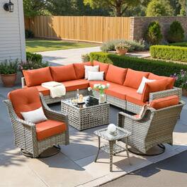 Ovios - 10 PCS Patio Furniture, Sectional Modular Sofa with Swivel Chairs & Coffee Table for Backyard - Coarse Orange Red