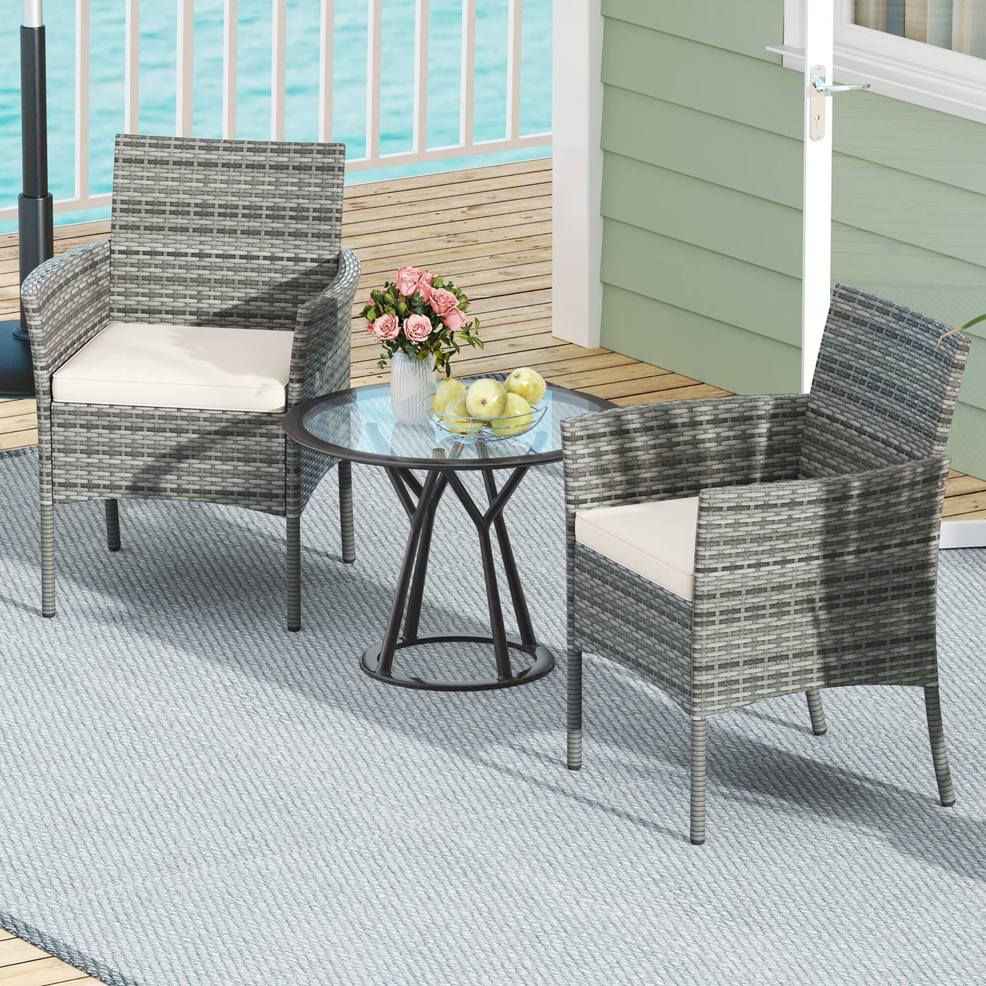 Alt View 4. Gymax - Gymax Outdoor PE Wicker Chairs Set of 2 Patio Dining Armchairs w/ Padded Cushions - White.