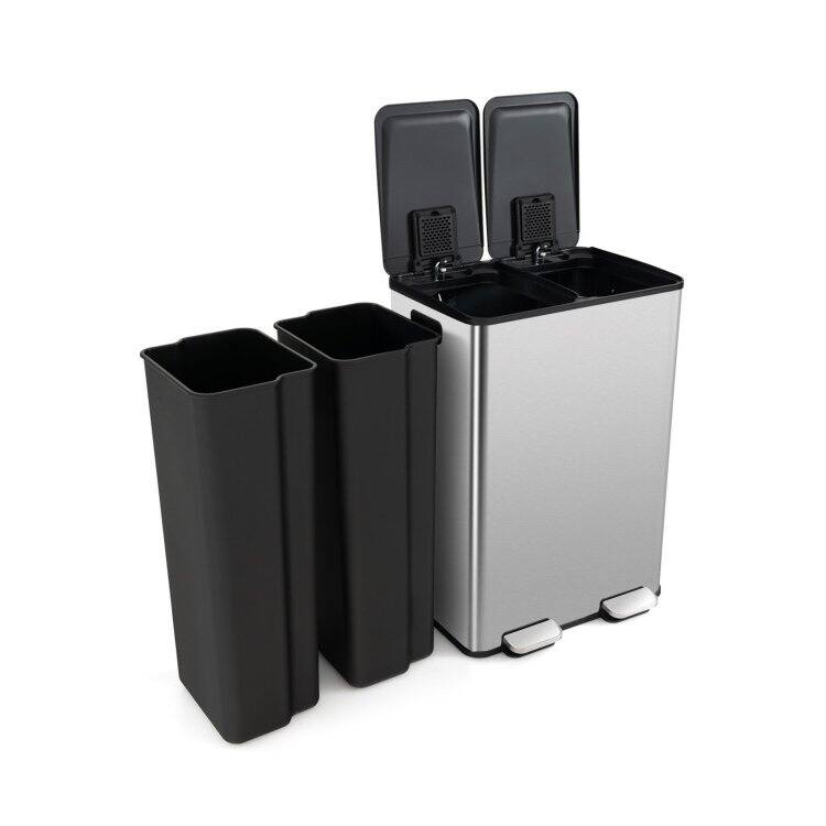 Back. Hivvago - Dual 8-Gallon Step Trash Can Recycle Bin Food Waste Kitchen Compost Container - Silver.