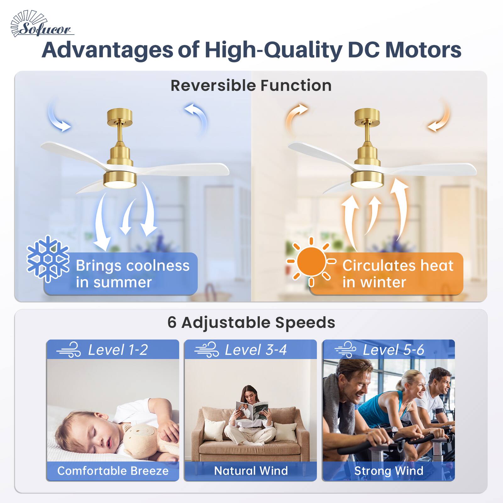 Advantages of High-Quality DC Motors

Reversible Function
- Brings coolness in summer
- Circulates heat in winter

6 Adjustable Speeds
- Level 1-2: Comfortable Breeze
- Level 3-4: Natural Wind
- Level 5-6: Strong Wind