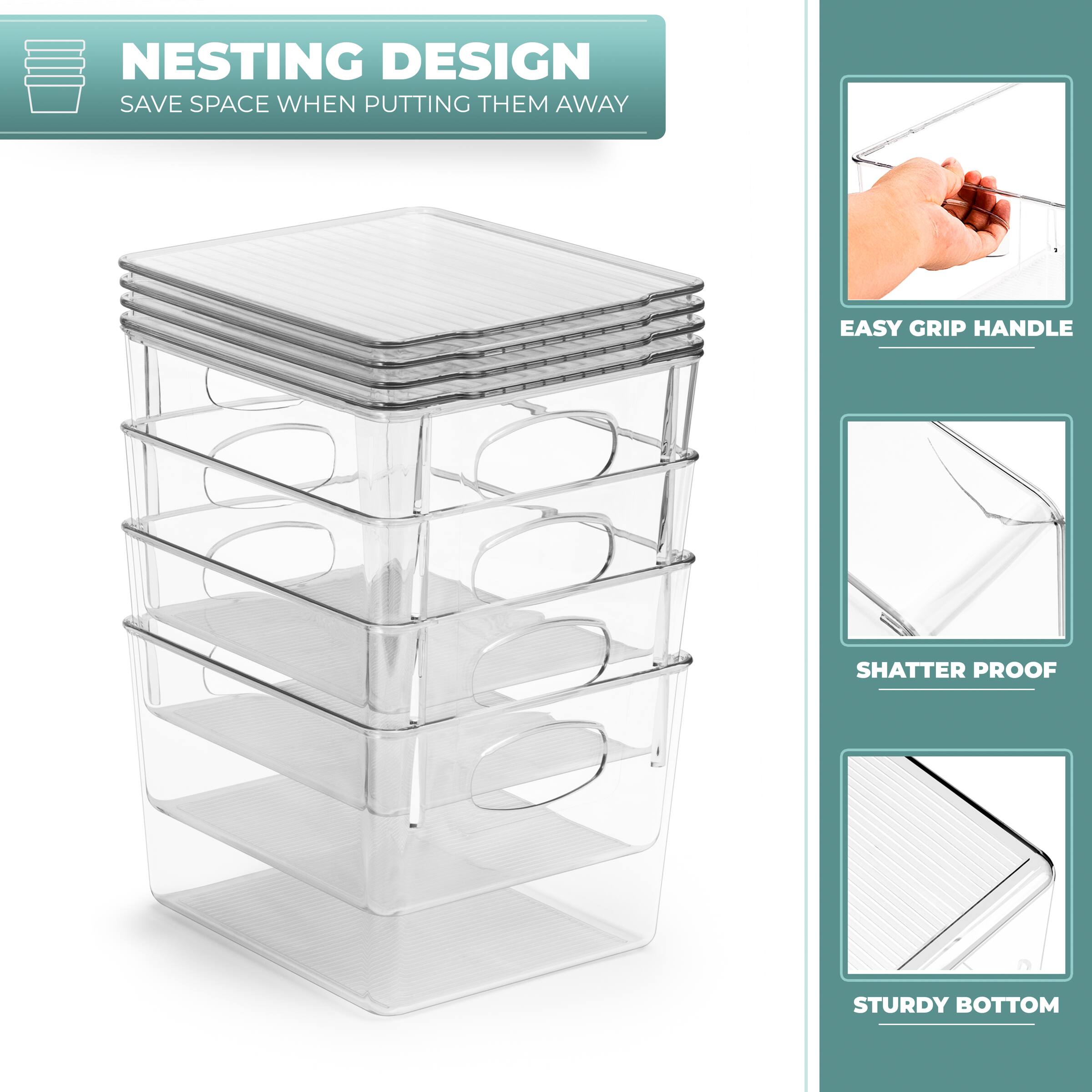 NESTING DESIGN  
SAVE SPACE WHEN PUTTING THEM AWAY  

EASY GRIP HANDLE  

SHATTER PROOF  

STURDY BOTTOM