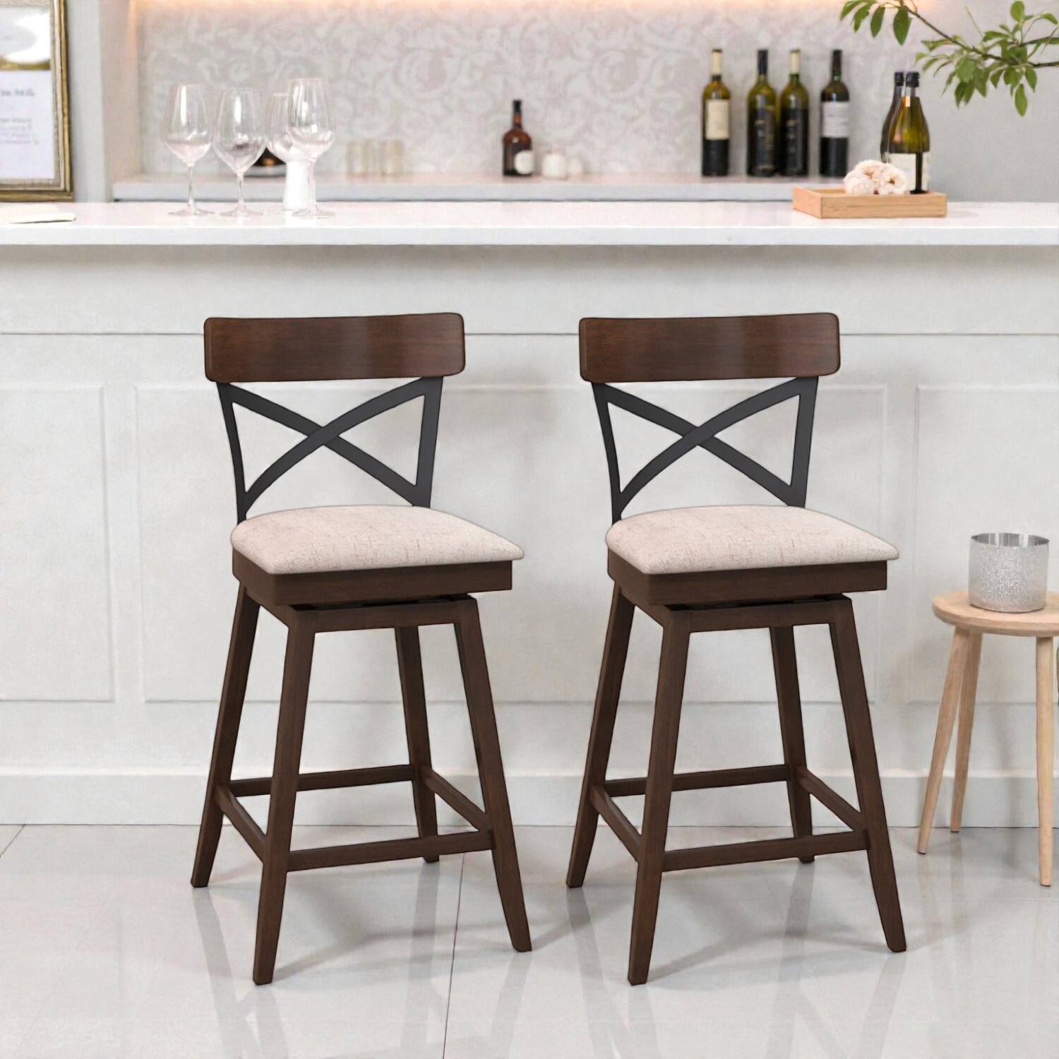 Hivvago - Set of 2 Wooden Swivel Bar Chairs with Padded Seat and X-Style Open Back - 25 inches - Brown