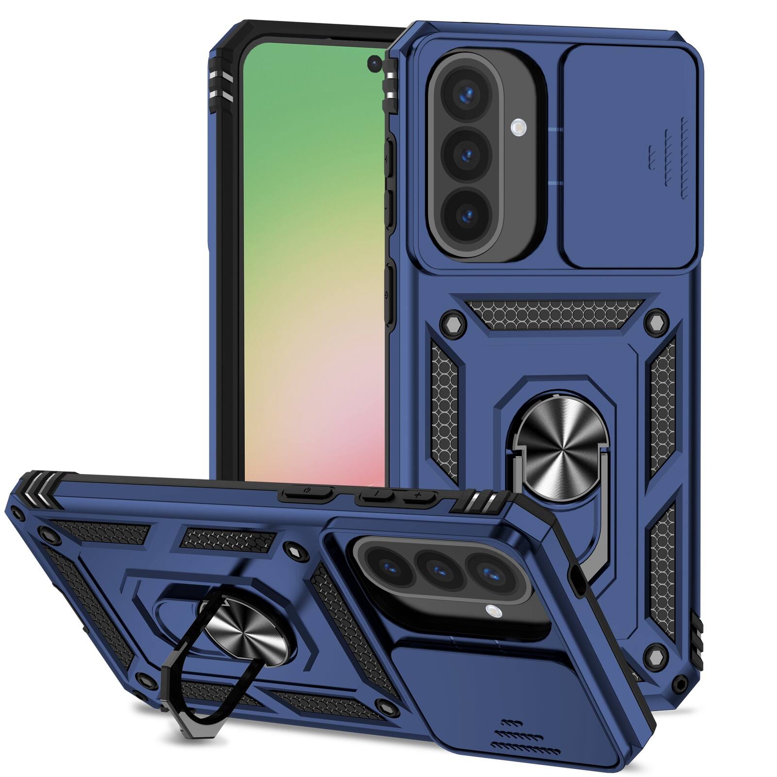 Left. UUCOVER - Rugged Protective Case for Samsung Galaxy A57 5G ,Shockproof TPU+PC Case Slide Camera Cover Ring Holder Stand Cover - Blue.