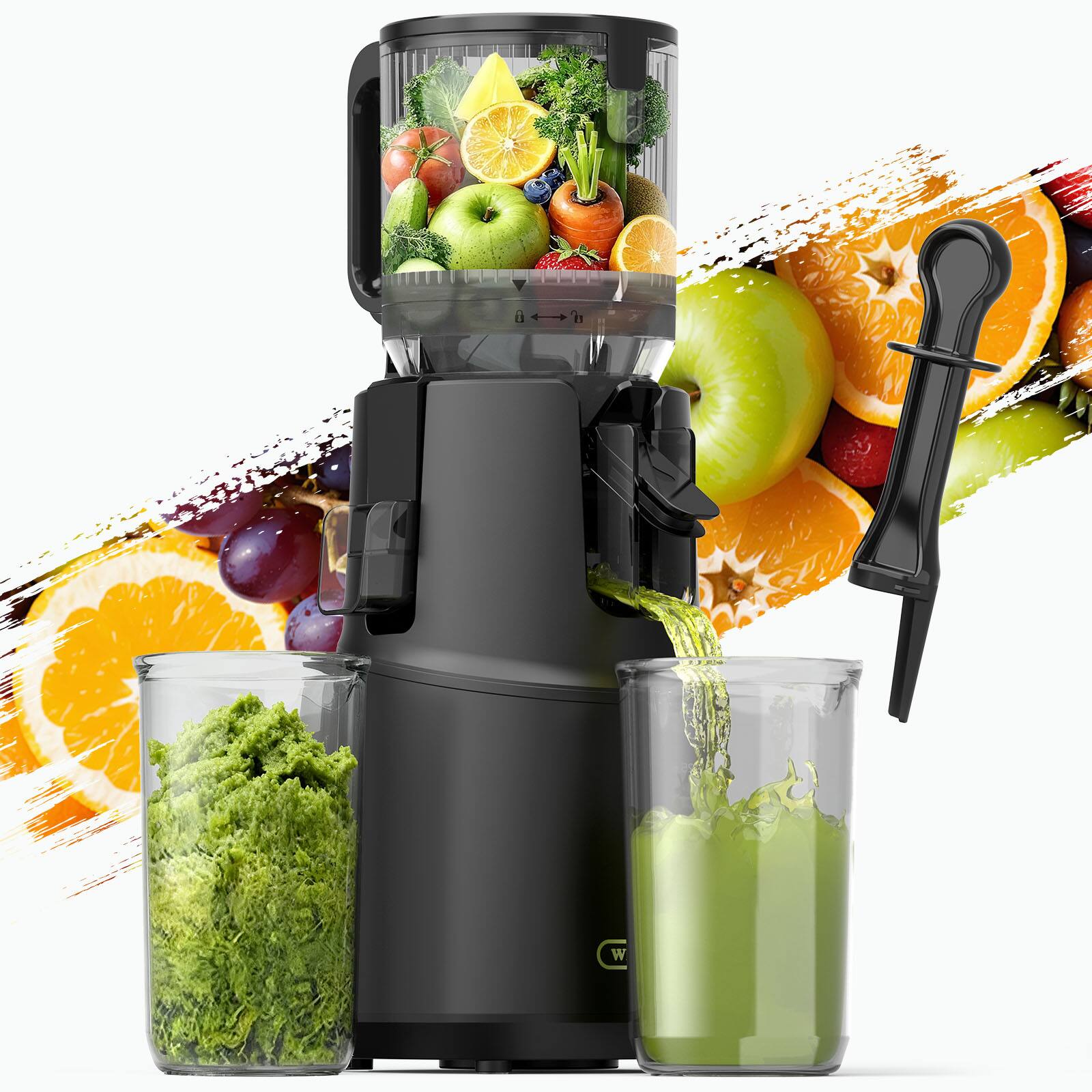 WETIE - Cold Press Juicer Machines, 4.72" Large Feed Chute, Slow Masticating, Large Auger for Whole Fruits & Vegetables - Black