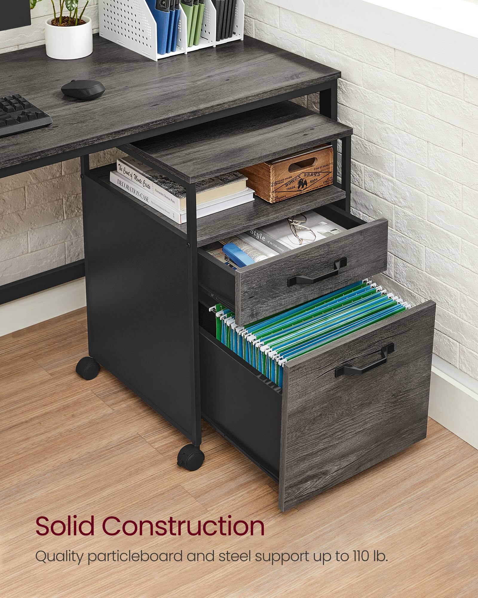 Solid Construction  
Quality particleboard and steel support up to 110 lb.