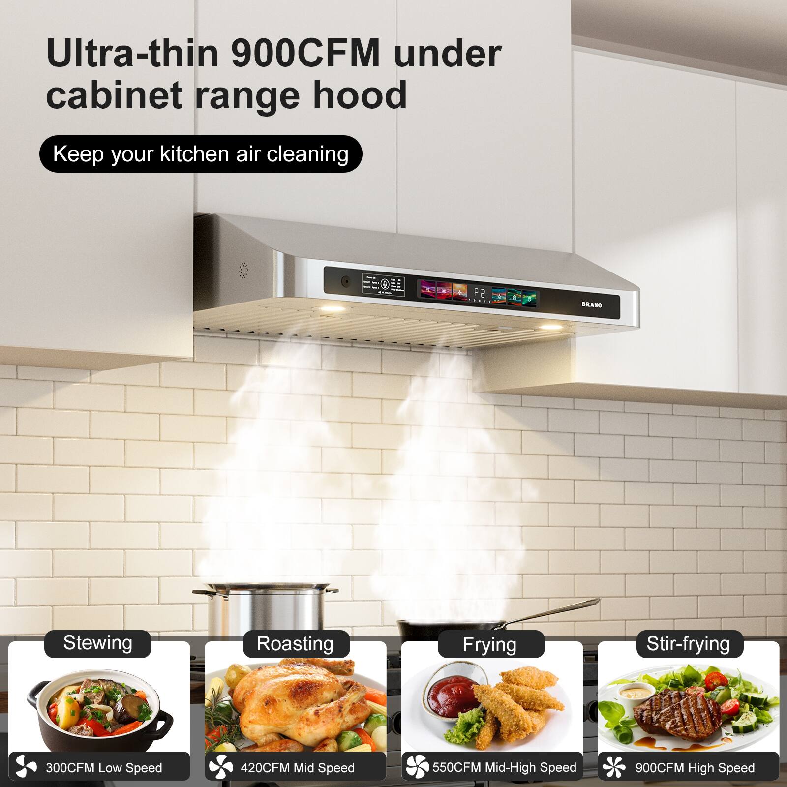 Ultra-thin 900CFM under cabinet range hood  
Keep your kitchen air cleaning  

Stewing  
300CFM Low Speed  

Roasting  
420CFM Mid Speed  

Frying  
550CFM Mid-High Speed  

Stir-frying  
900CFM High Speed