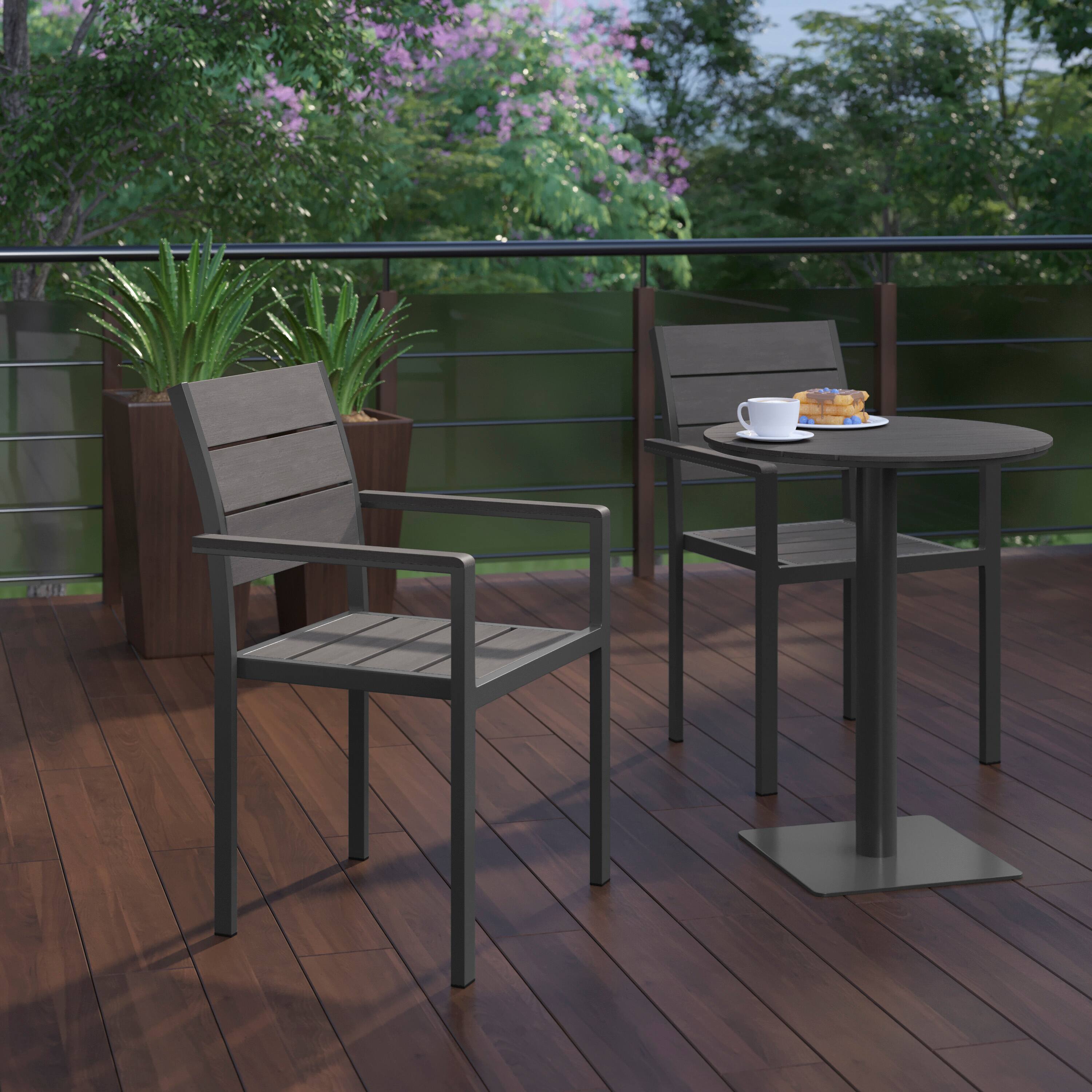 Alt View 3. Flash Furniture - Finch Commercial Grade Patio Chair with Arms, Stackable Side Chair with Faux Teak Poly Slats and Metal Frame, Gray/Gray - Gray.