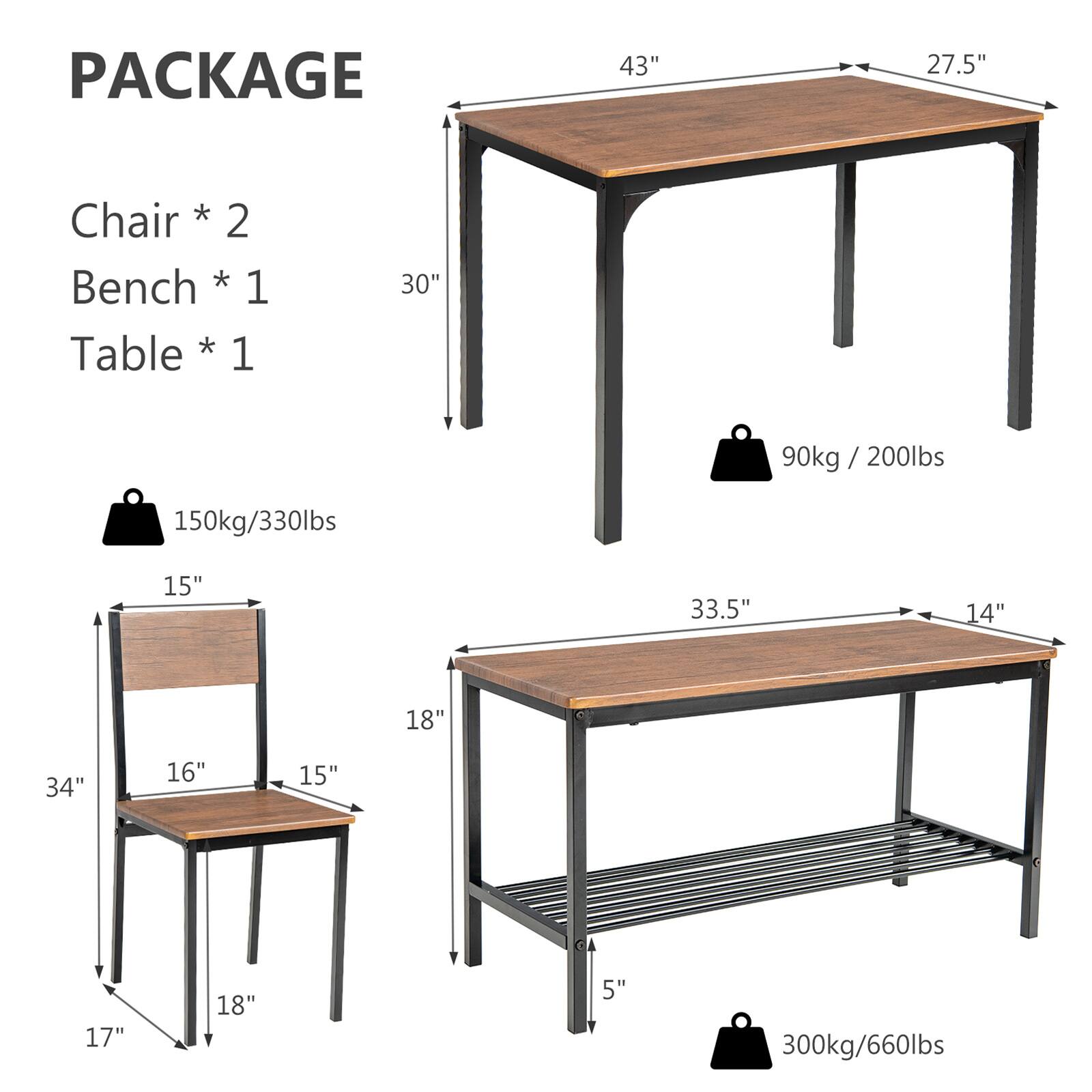 The text on the image is grouped and corrected as follows:

1. Package: 43" 27.5" Chair * 2 Bench * 1 Table * 1
2. 30" 90kg 90kg / 200lbs / 150kg/330lbs 15" 33.5" 14" 18"
3. 34" 16" 15" 17" 18" 5" 300kg/660lbs