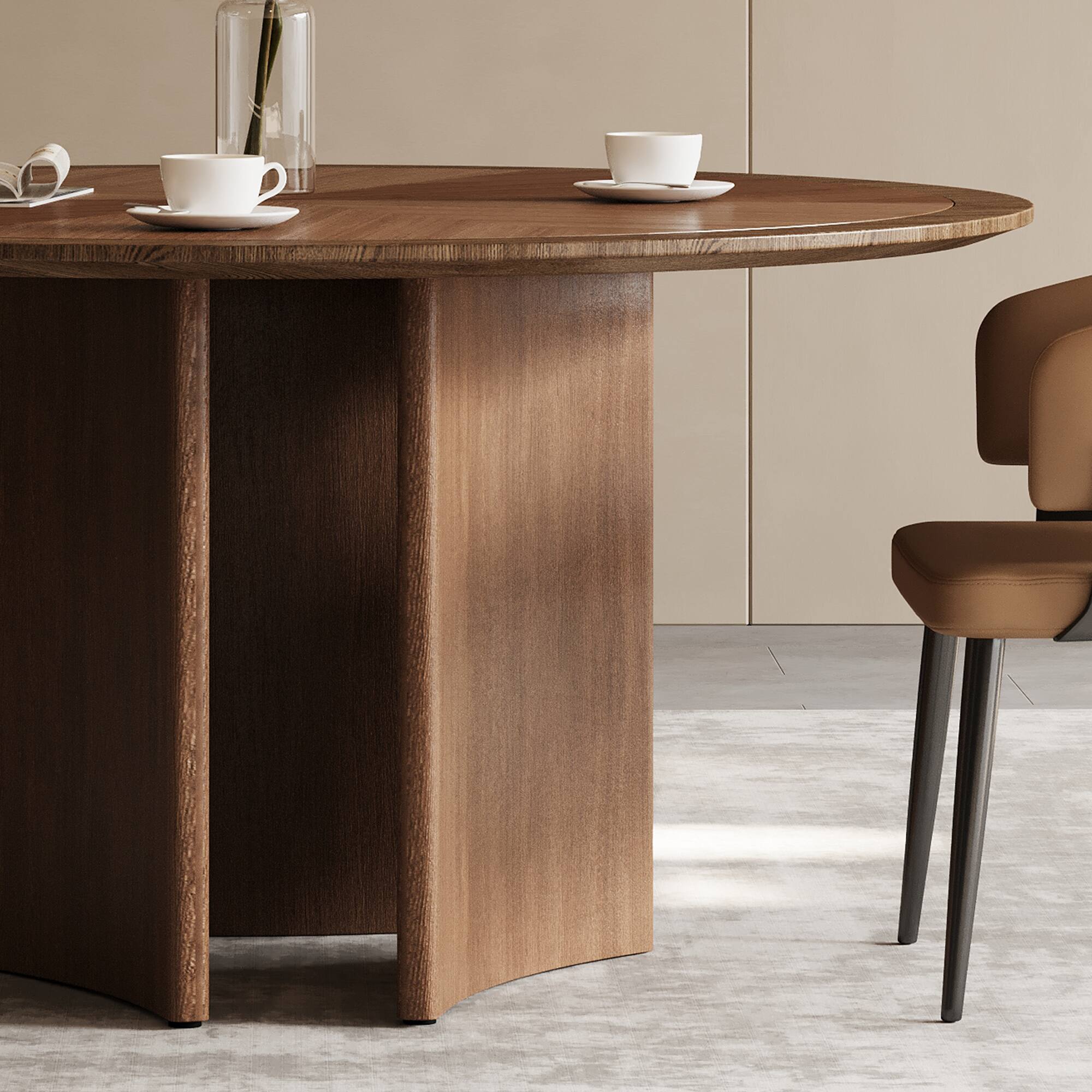 Back. luck idea - 59.05" Round Dining Table with Geometric Mosaic Tabletop and Half-Moon Base - Walnut color.