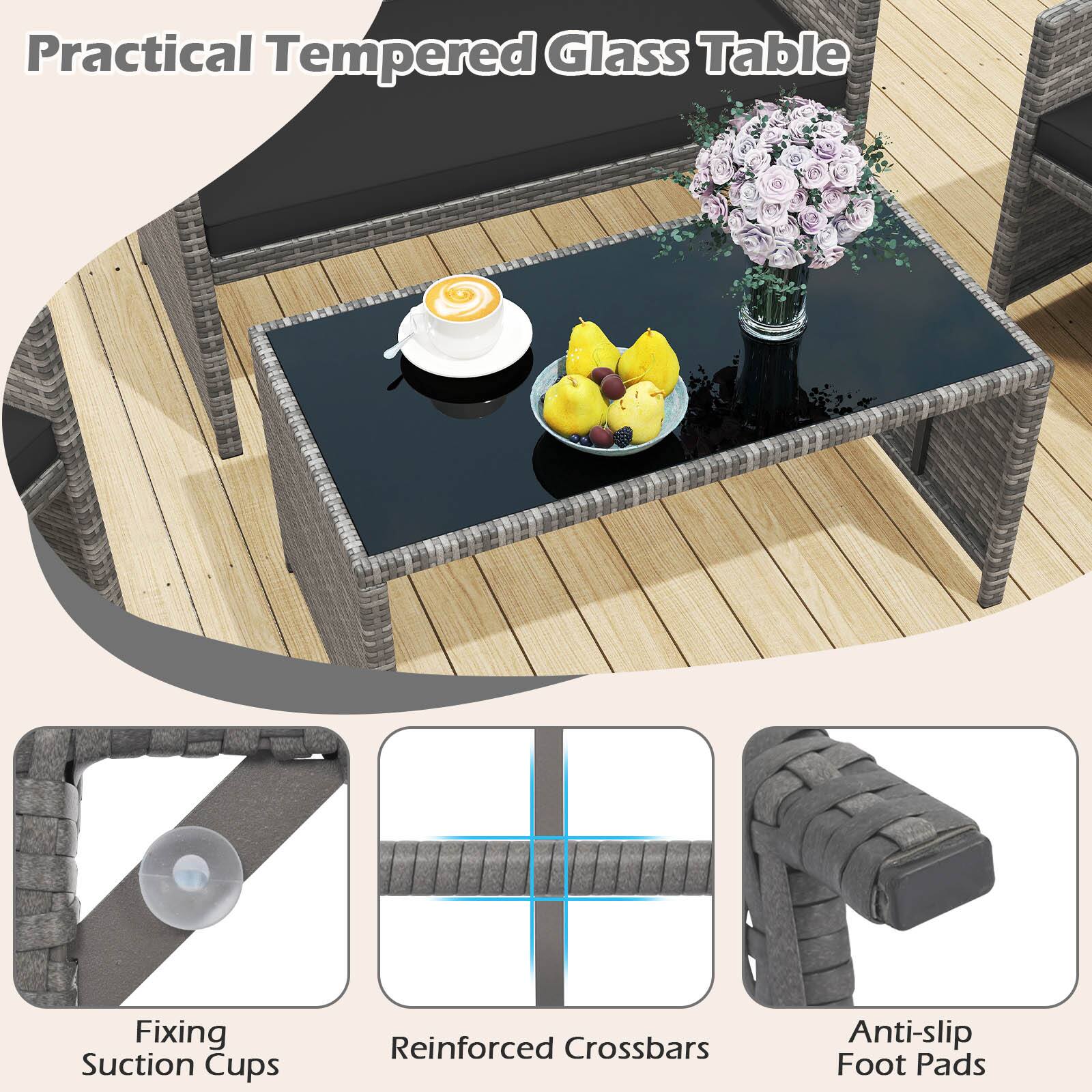 Practical Tempered Glass Table

- Fixing Suction Cups
- Reinforced Crossbars
- Anti-slip Foot Pads