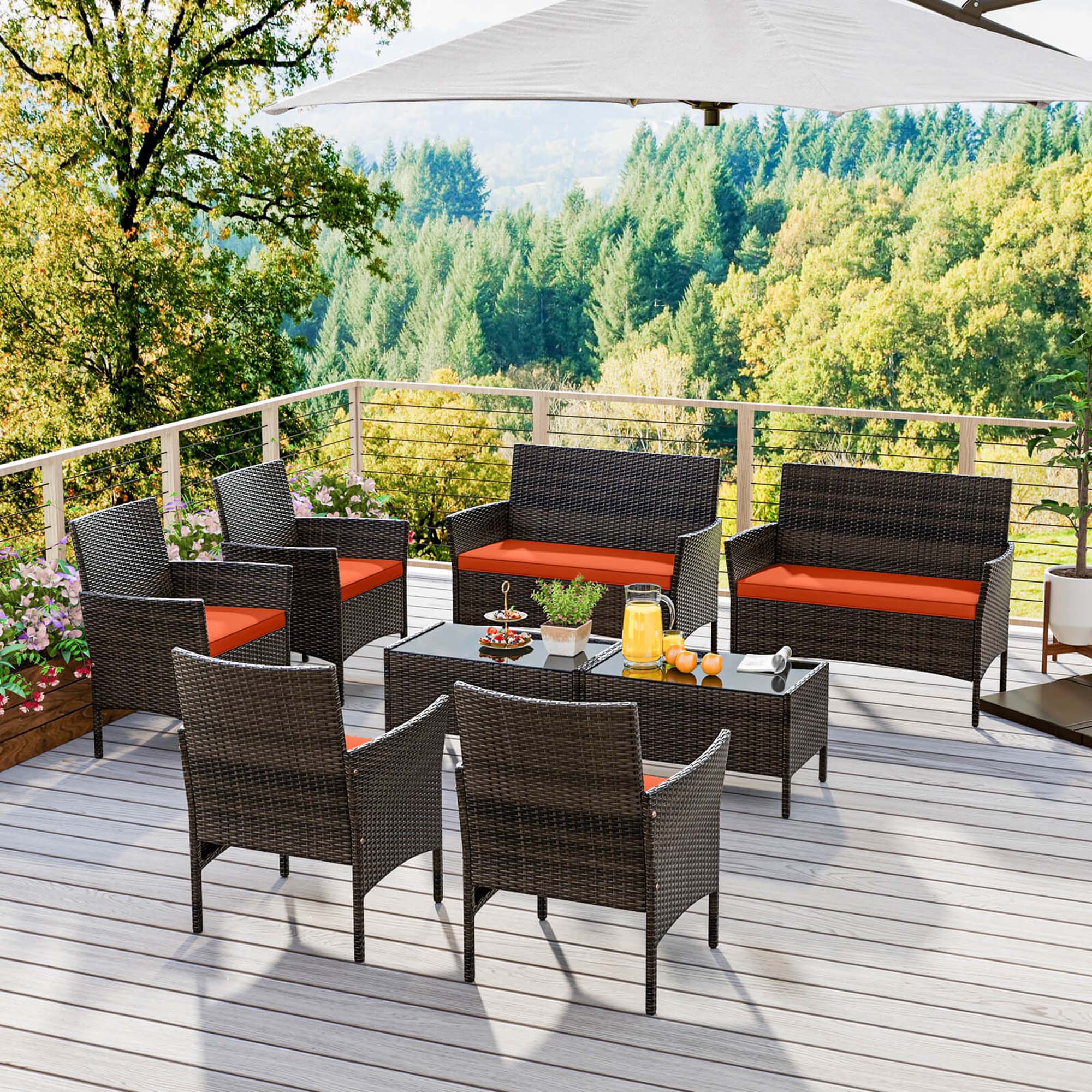 Alt View 3. Costway - Costway 8 PCS Patio Furniture Set with Washable Cushions and Tempered Glass Coffee Table - Orange.