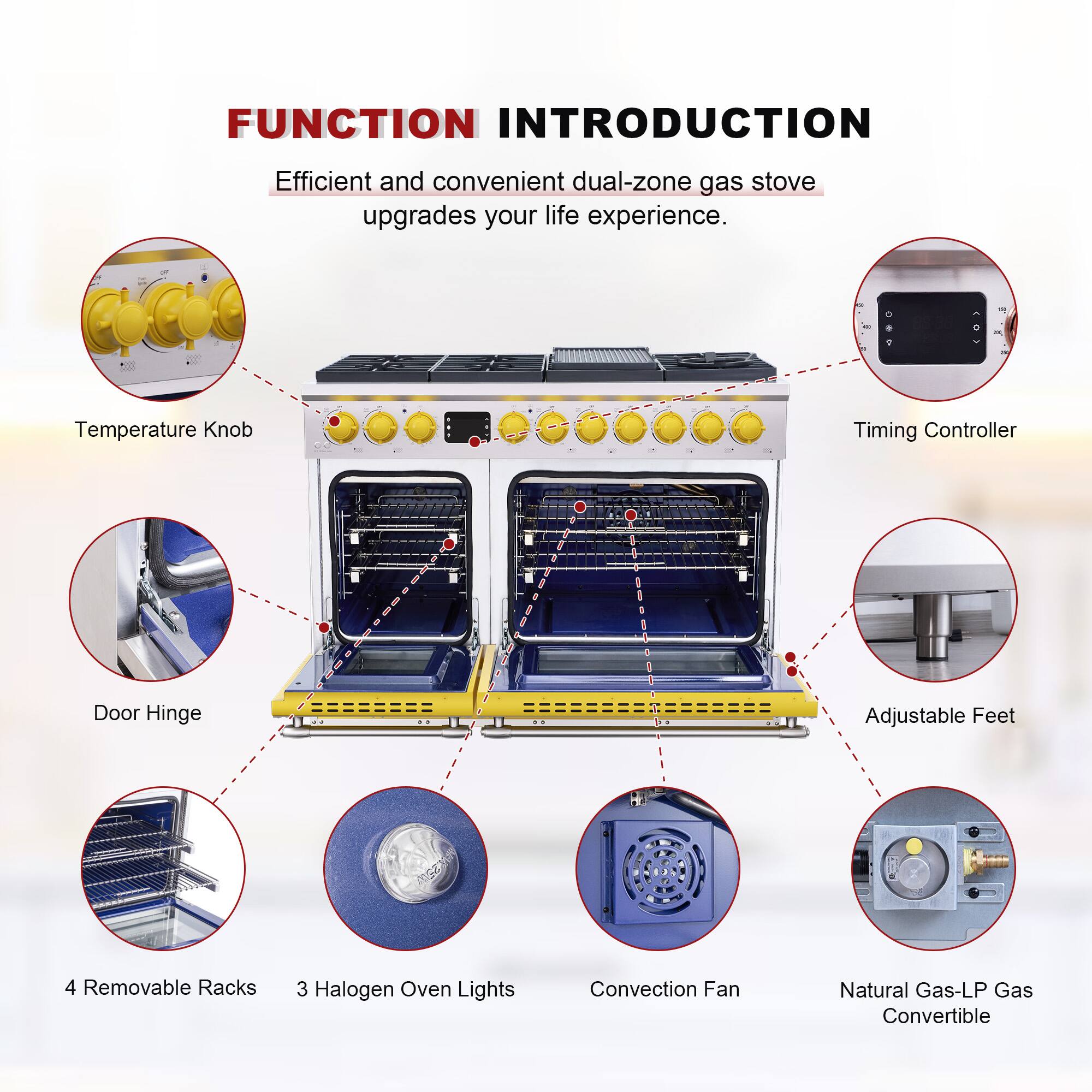 FUNCTION INTRODUCTION  
Efficient and convenient dual-zone gas stove upgrades your life experience.  

- Temperature Knob  
- Timing Controller  
- Door Hinge  
- Adjustable Feet  
- 4 Removable Racks  
- 3 Halogen Oven Lights  
- Convection Fan  
- Natural Gas-LP Gas Convertible