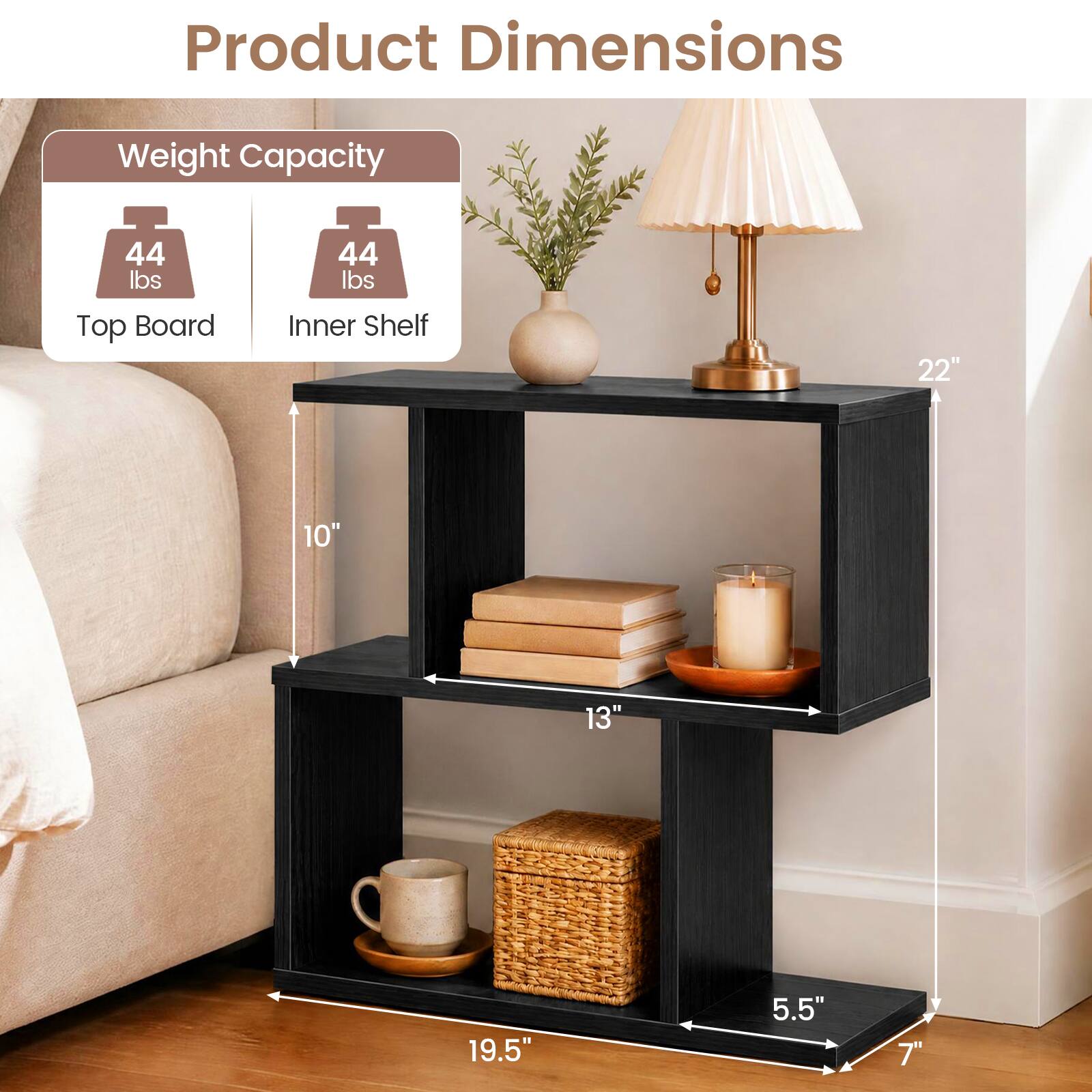 Product Dimensions

Weight Capacity
- Top Board: 44 lbs
- Inner Shelf: 44 lbs

Dimensions
- Top Board: 22" x 10"
- Inner Shelf: 13" x 19.5"
- Height: 5.5"
