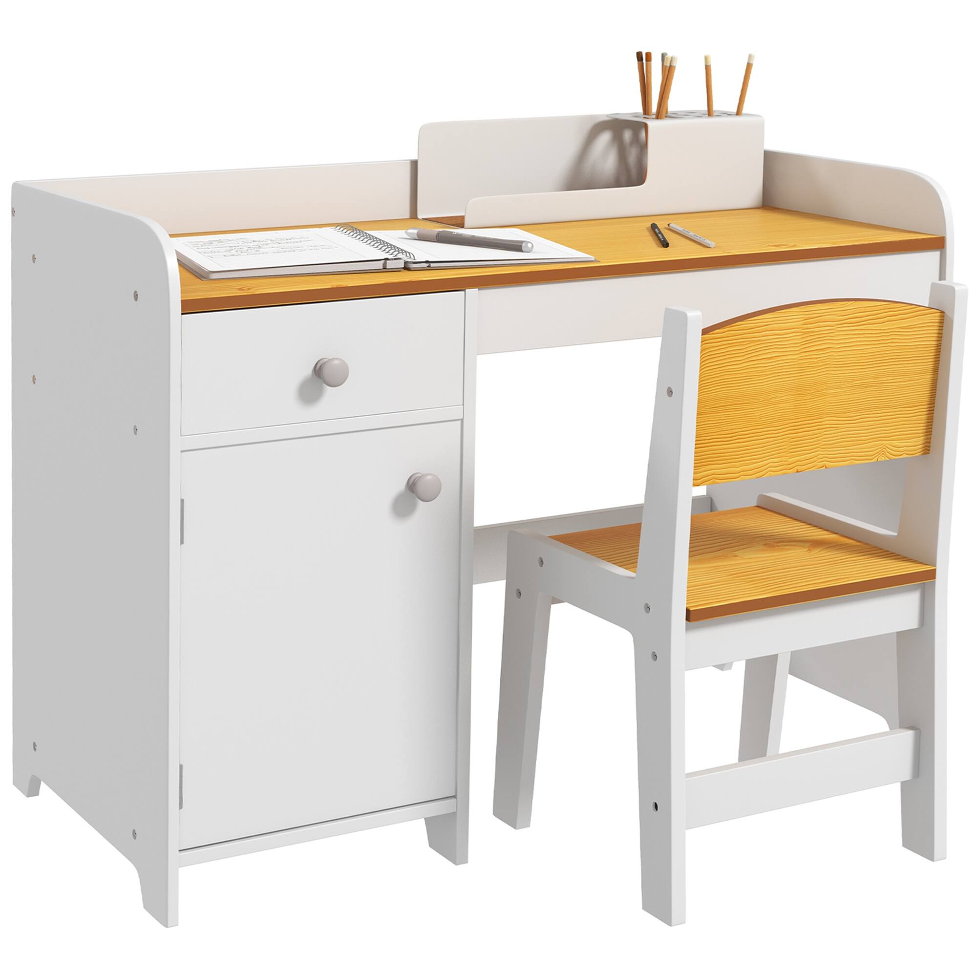 Qaba - Kids Desk and Chair Set, Storage Drawer, Study Desk with Chair, Arts & Crafts, Snack Time, Homeschooling, Homework - White