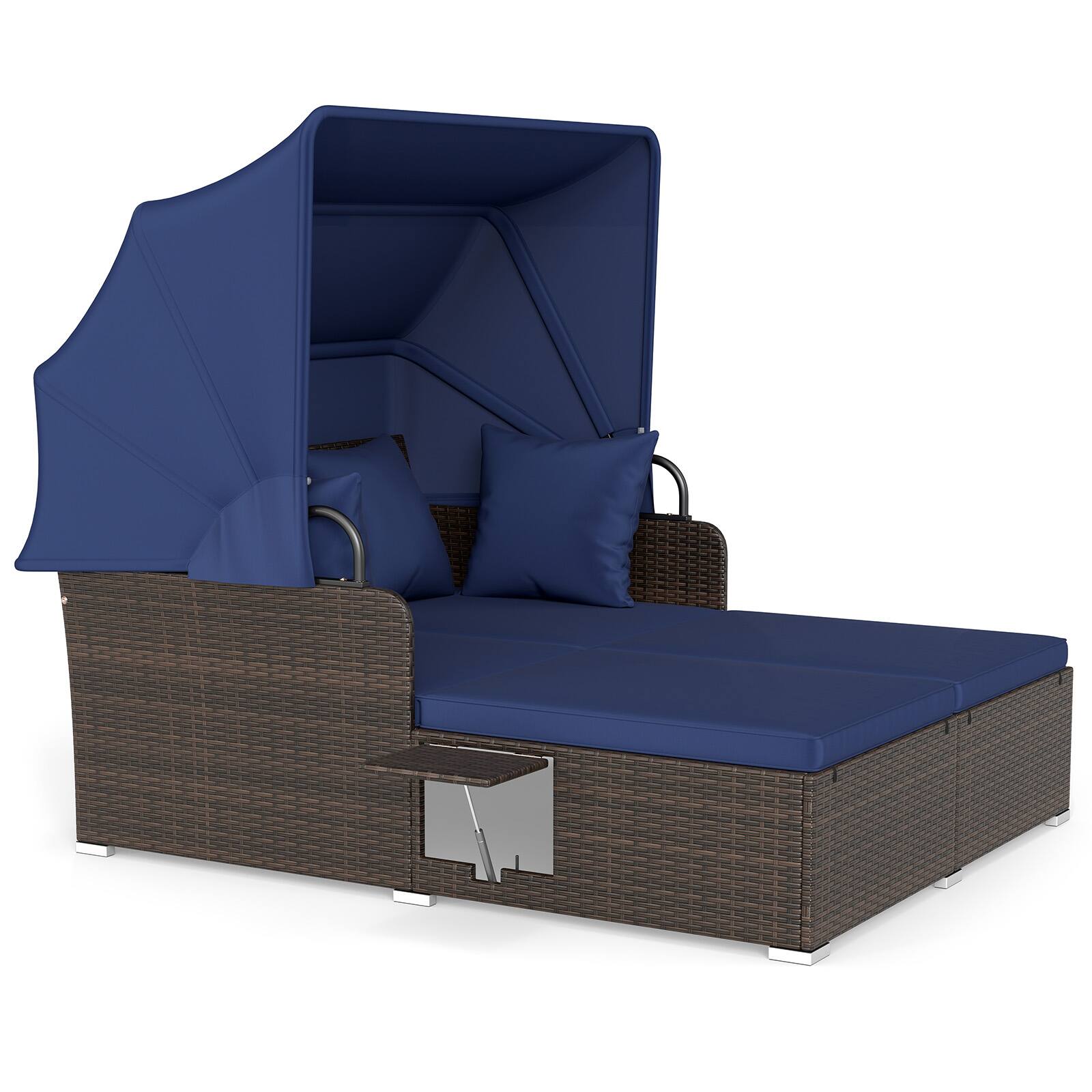 Alt View 8. Gymax - Gymax Patio Rattan Daybed Lounge Retractable Top Canopy Side Tables Cushions for Outdoor Navy - Blue.