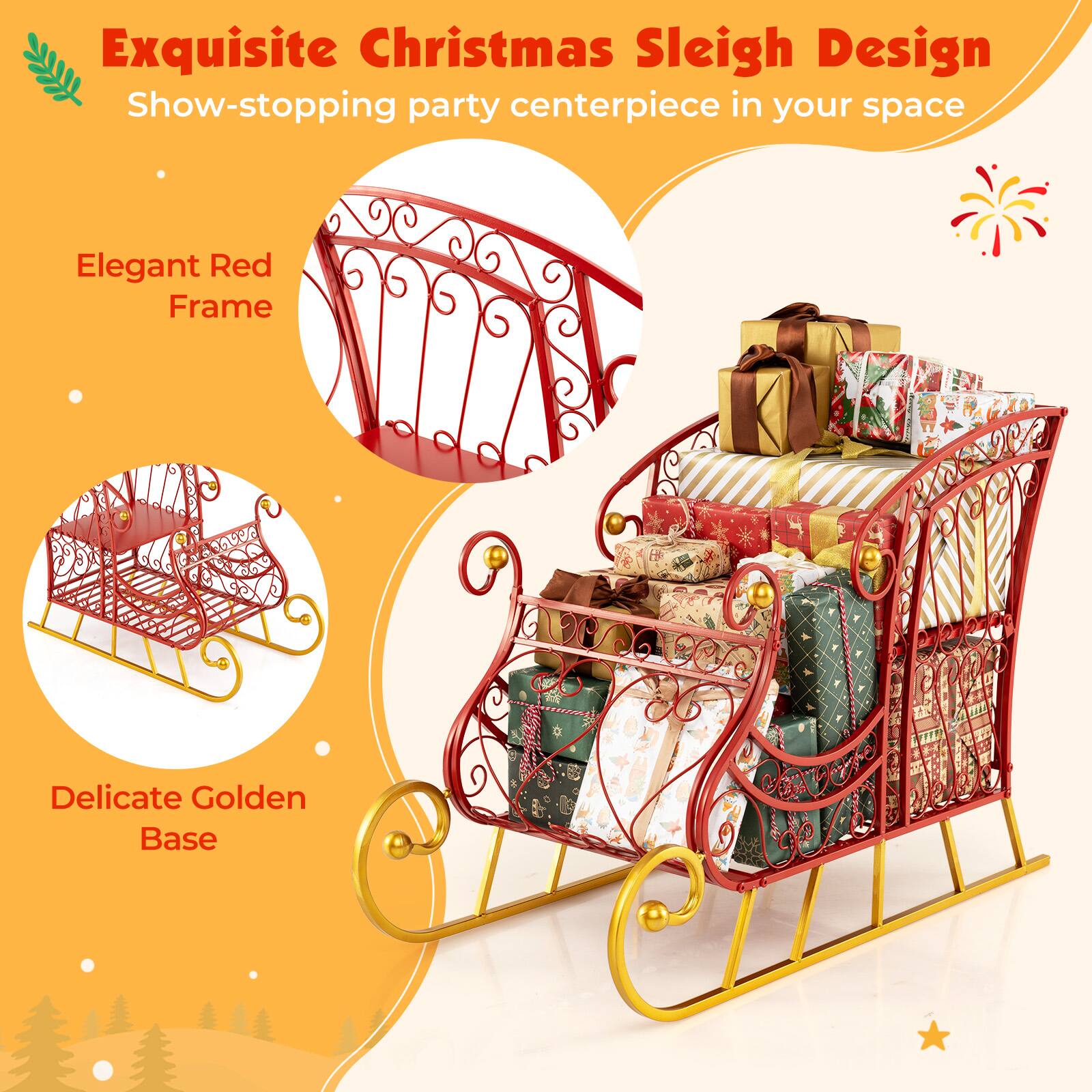 Exquisite Christmas Sleigh Design  
Show-stopping party centerpiece in your space  

Elegant Red Frame  

Delicate Golden Base