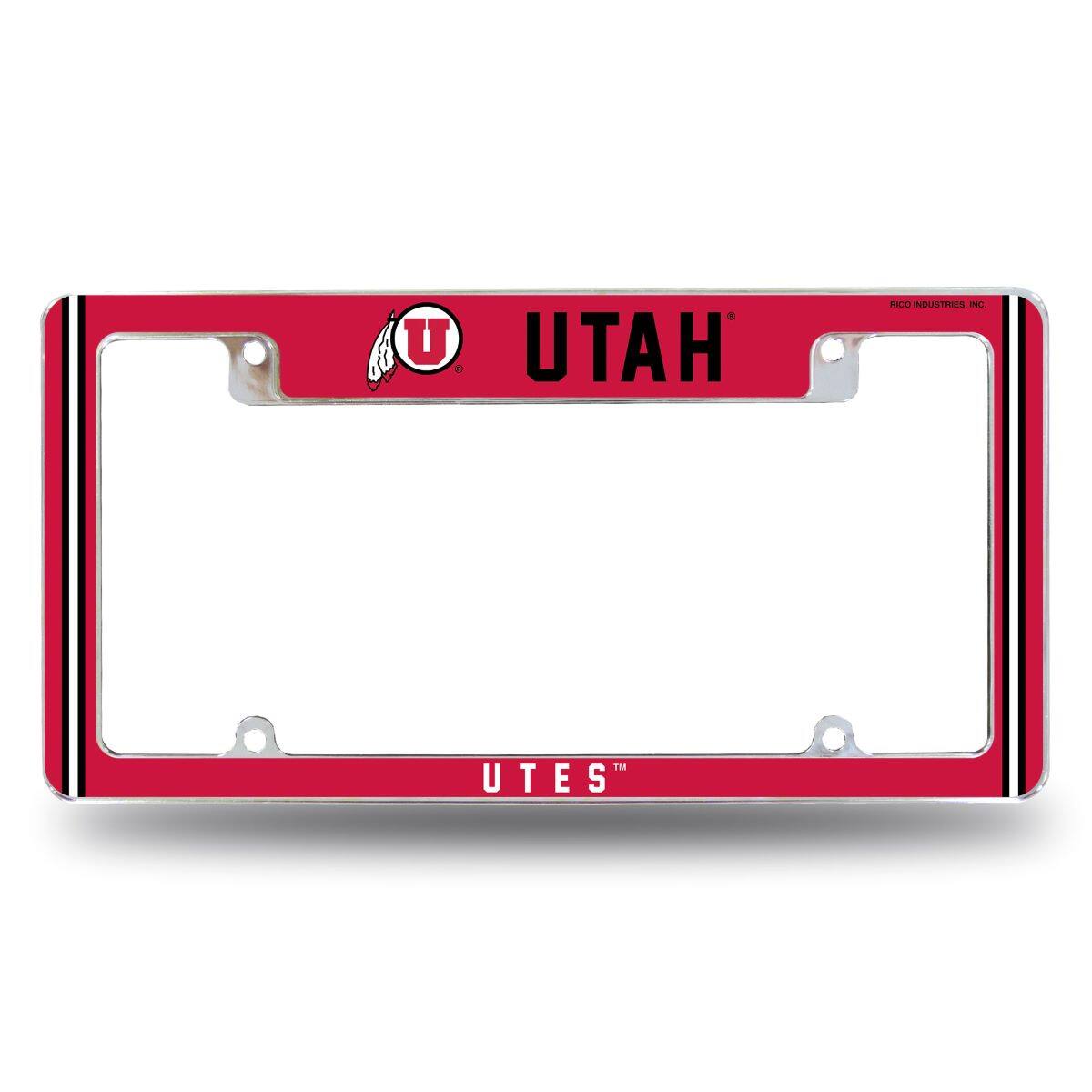 Utah Utes Chrome Metal License Plate Frame with Full Frame Team Color Graphics