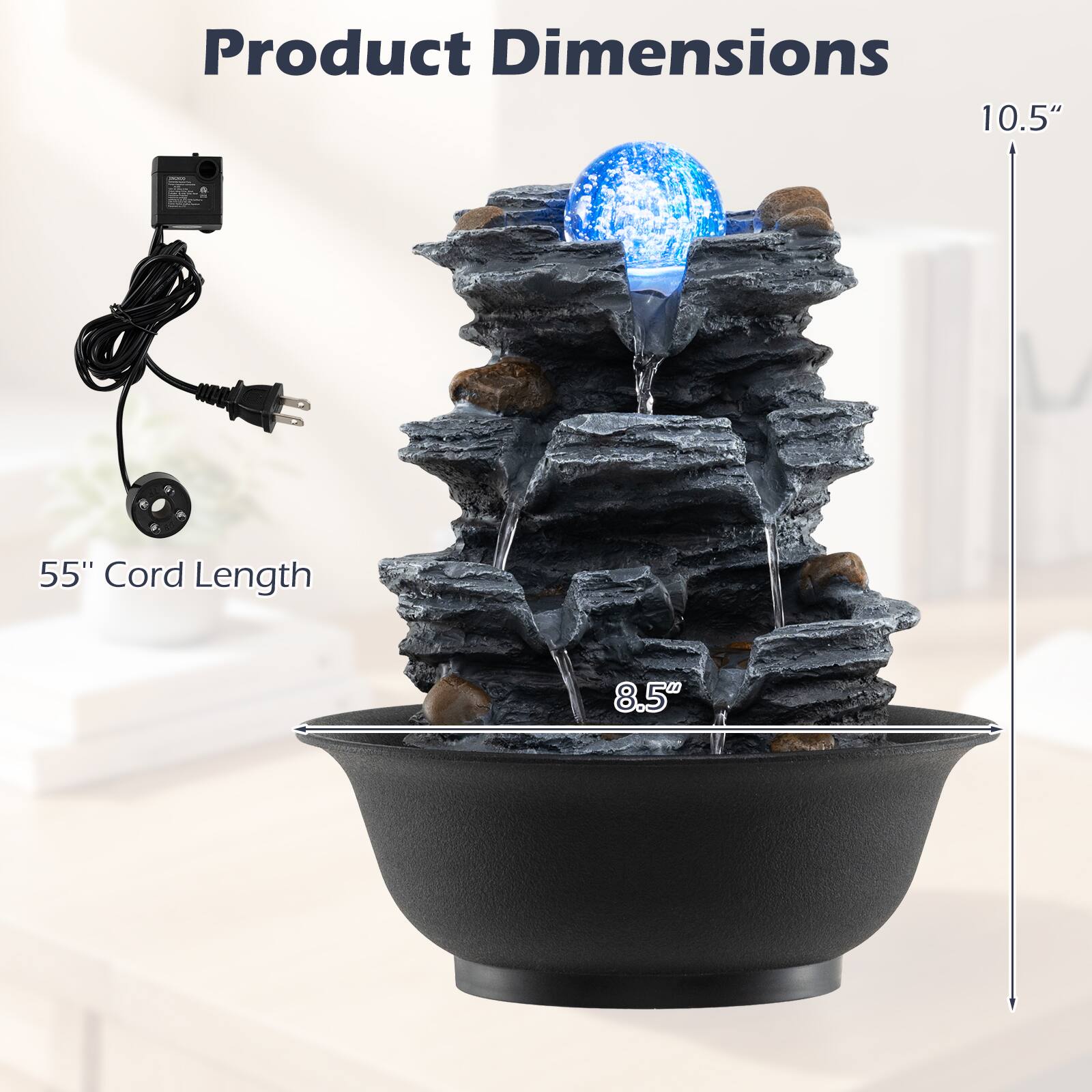 Product Dimensions: 10.5"  
Cord Length: 55"  
8.5"