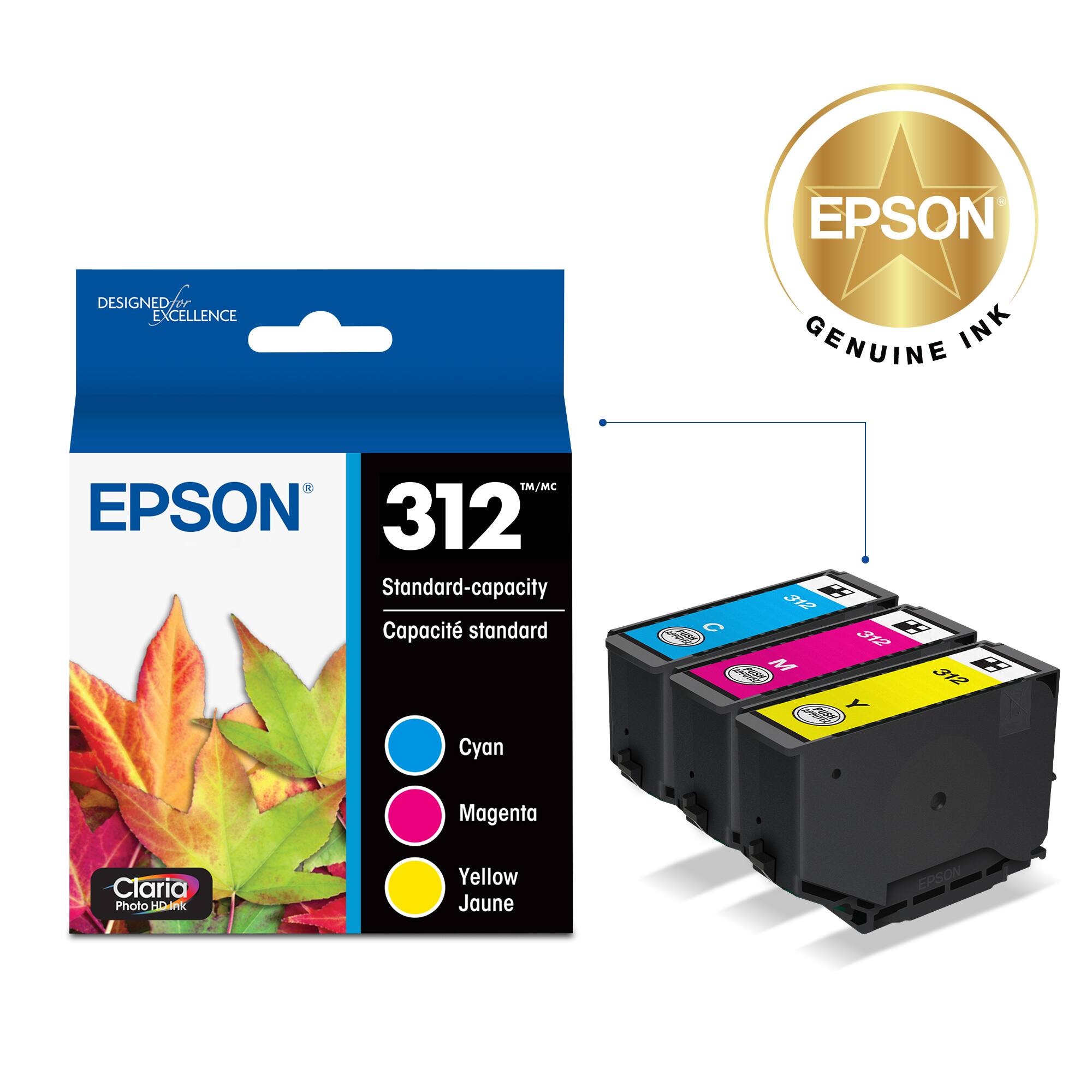 EPSON  
DESIGNED FOR EXCELLENCE  

EPSON 312  
Standard-capacity  
Capacité standard  

Cyan  
Magenta  
Yellow Jaune  

Claria Photo HD Ink  

EPSON GENUINE INK