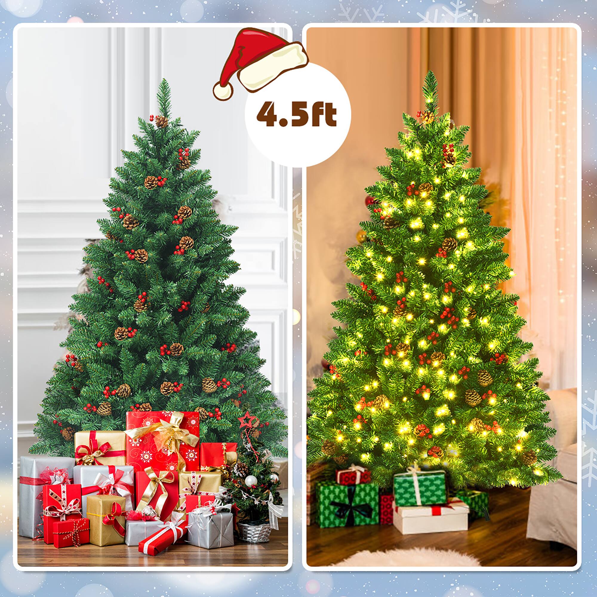 Alt View 18. Costway - 4.5Ft Pre-Lit  Artificial Christmas Tree with Sturdy Metal Stand Pine Cones and Red Berries - Green.