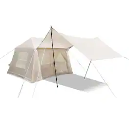 HTUTWOO - 5.72m² Inflatable Camping Tent Windproof, Cotton with Stove Jack & Mesh Windows, includes Pump,Outdoor Family Tent - Beige