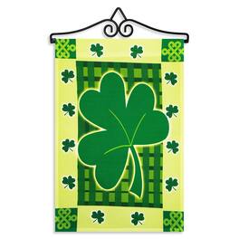G128 - Combo Garden Flag Hanger 14.2 in with 12 x 18 in Large Clover Printed Flag, 150D Polyester - Green