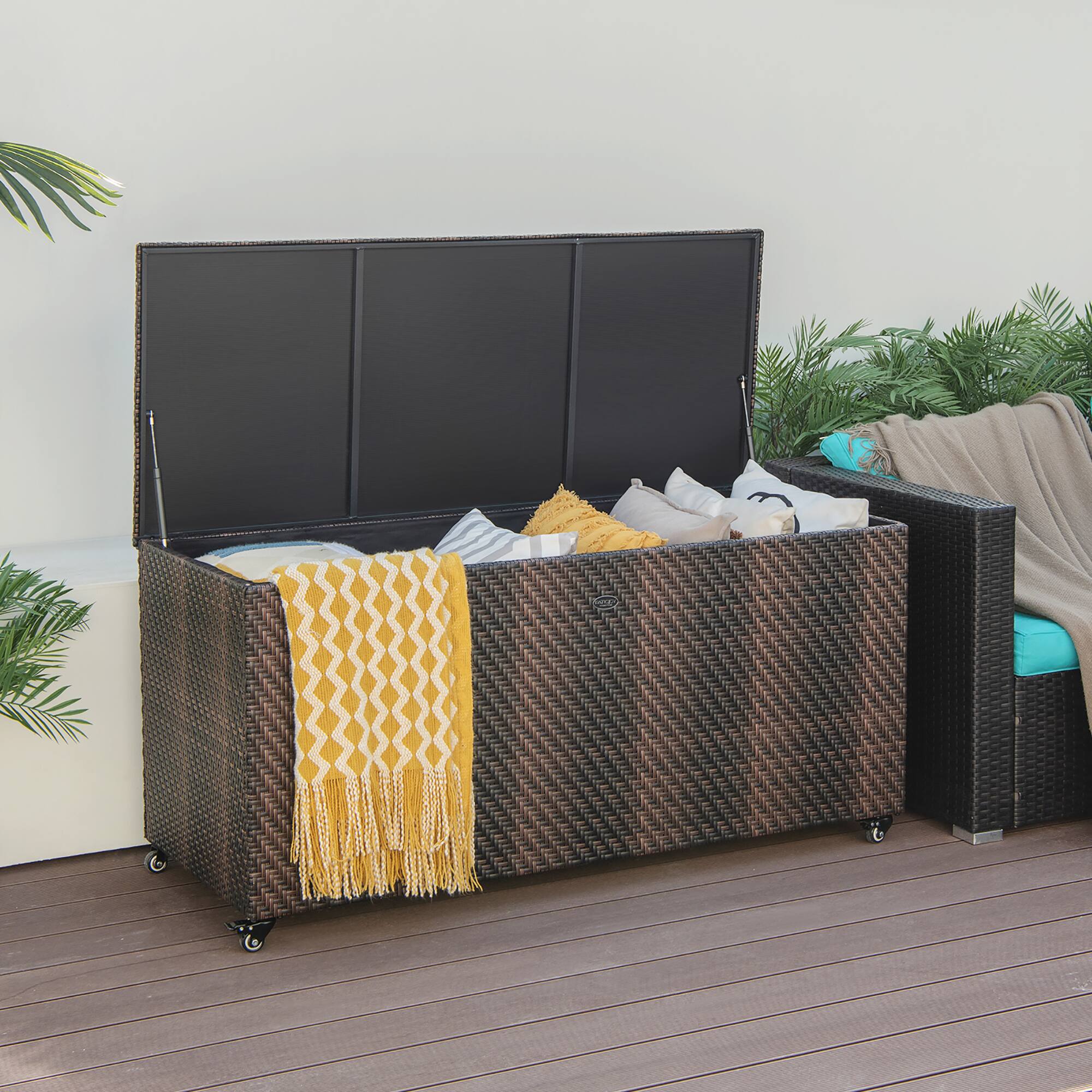 Alt View 1. Costway - Costway 96 Gallon Patio Rattan Storage Deck Box Container Garden Liner Wheels - Mix Brown.