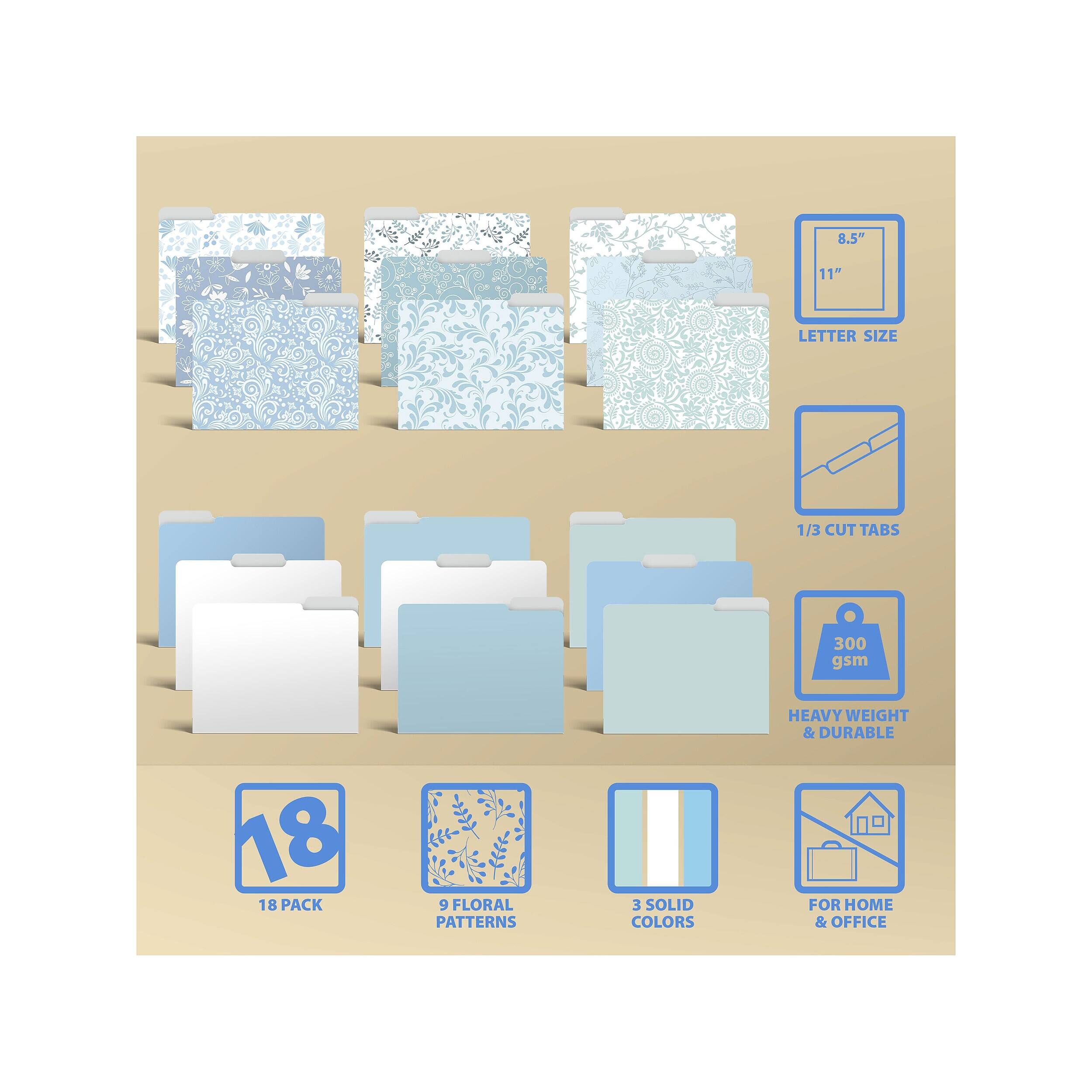 8.5" x 11" LETTER SIZE  
1/3 CUT TABS  
300 gsm  
HEAVYWEIGHT & DURABLE  
18 PACK  
9 FLORAL PATTERNS  
3 SOLID COLORS  
FOR HOME & OFFICE
